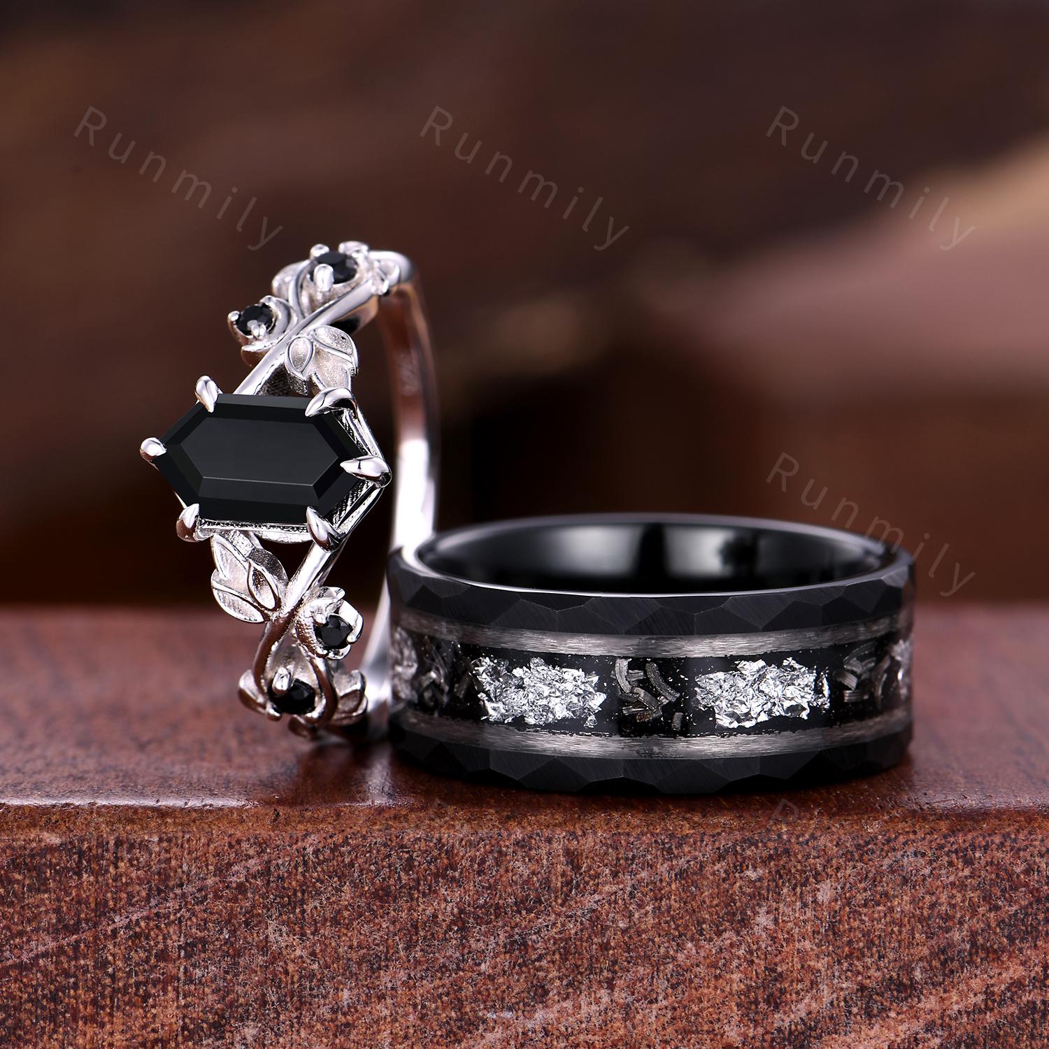 Vintage Black Onyx Couples Ring Hexagon cut Black Gems Engagement Ring His and Hers Wedding Band Mens Tungsten Ring Nature Inspired Ring