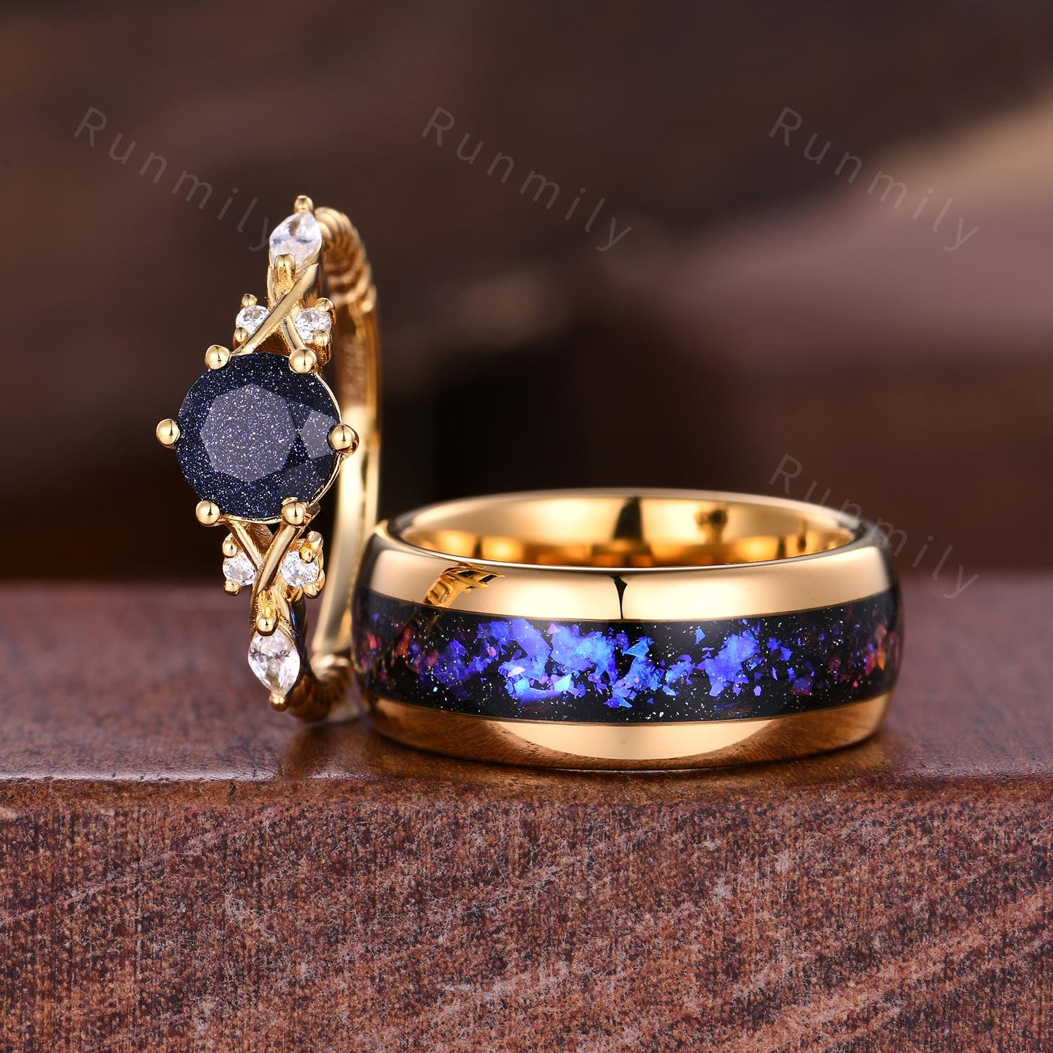 Orion Nebula Couples Ring Set Vintage Blue Sandstone Ring Yellow Gold His and Hers Wedding Band Promise Ring For Couple Outer Space Ring