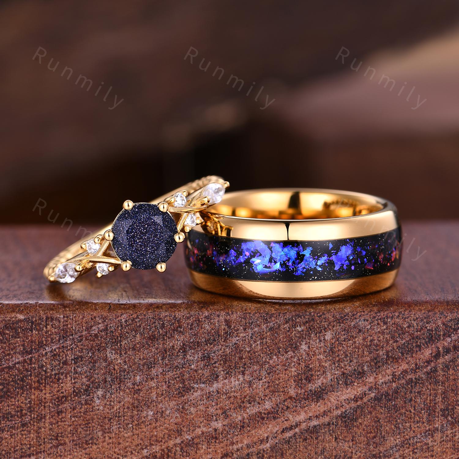 Orion Nebula Couples Ring Set Vintage Blue Sandstone Ring Yellow Gold His and Hers Wedding Band Promise Ring For Couple Outer Space Ring