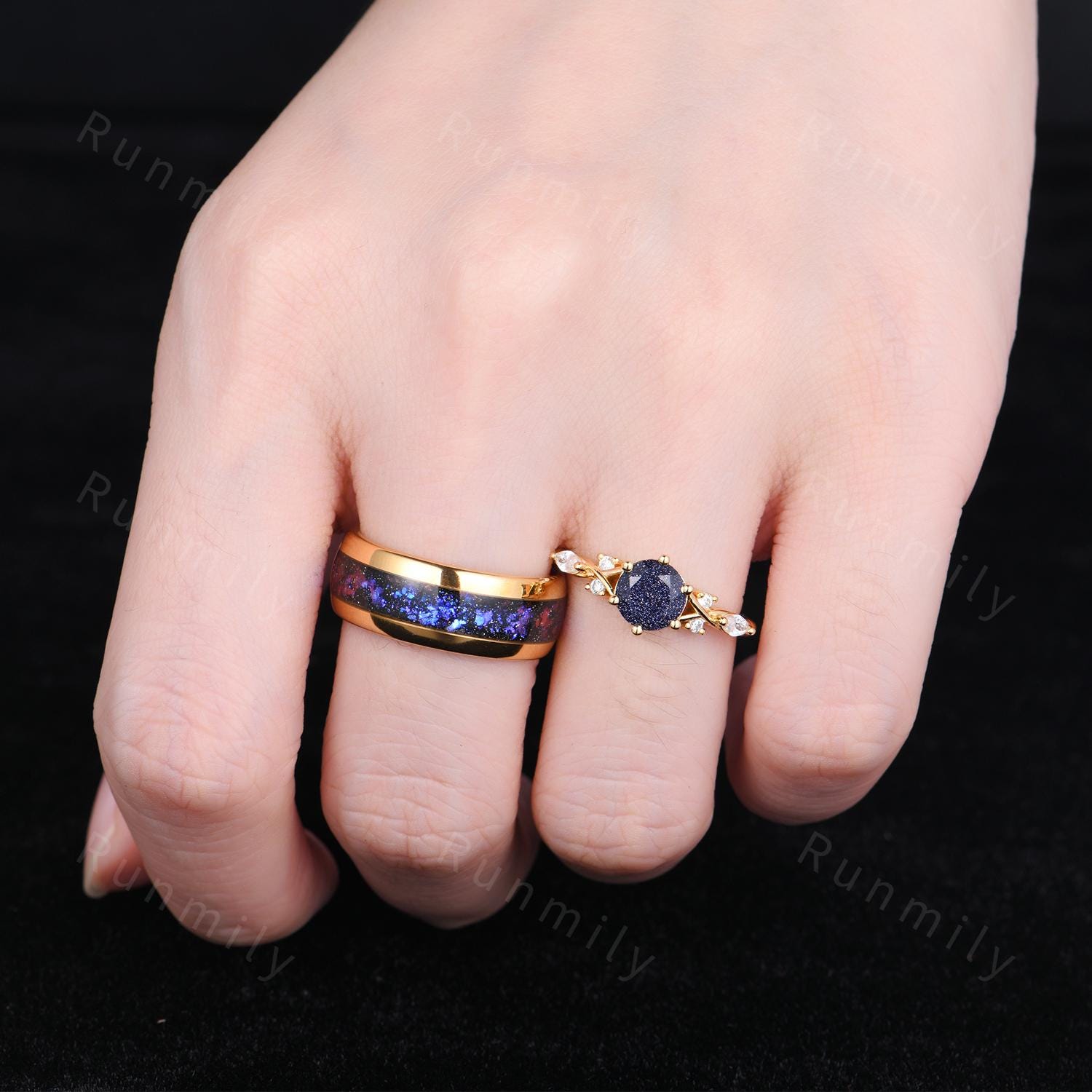 Orion Nebula Couples Ring Set Vintage Blue Sandstone Ring Yellow Gold His and Hers Wedding Band Promise Ring For Couple Outer Space Ring