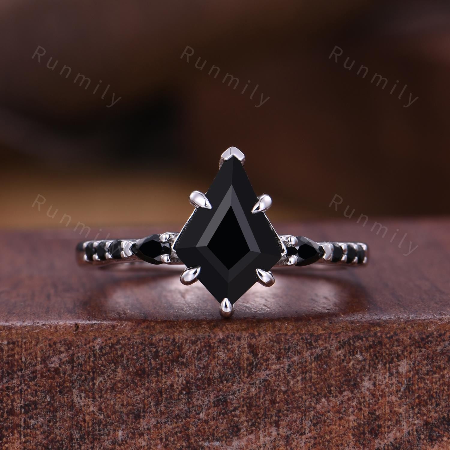 Kite Cut Black Onyx Engagement Ring Set Unique Art Deco Curved Stacking Band Black Spinel Ring Sterling Silver Bridal Wedding Ring Set