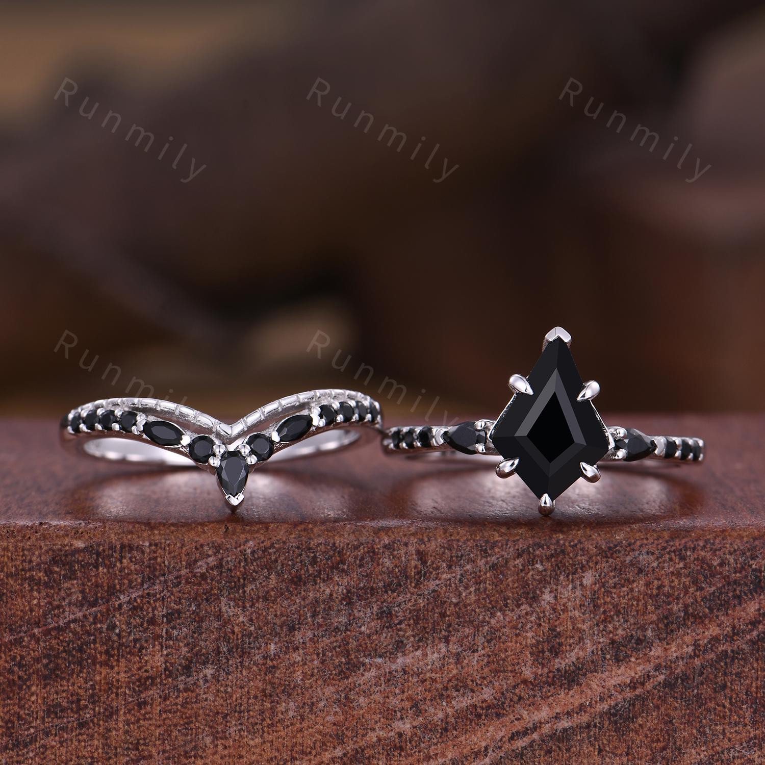Kite Cut Black Onyx Engagement Ring Set Unique Art Deco Curved Stacking Band Black Spinel Ring Sterling Silver Bridal Wedding Ring Set