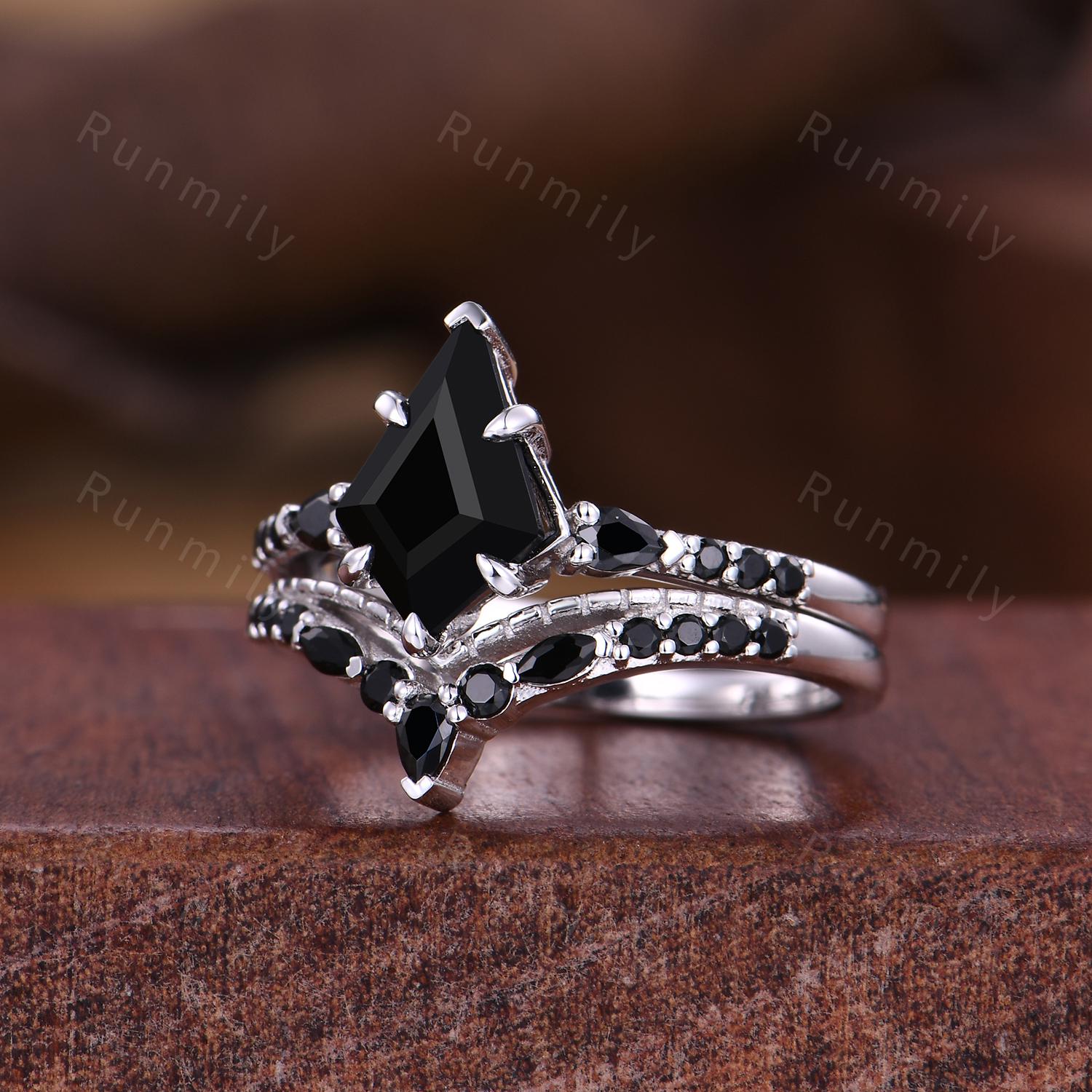 Kite Cut Black Onyx Engagement Ring Set Unique Art Deco Curved Stacking Band Black Spinel Ring Sterling Silver Bridal Wedding Ring Set
