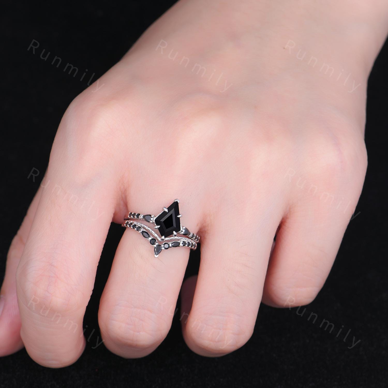 Kite Cut Black Onyx Engagement Ring Set Unique Art Deco Curved Stacking Band Black Spinel Ring Sterling Silver Bridal Wedding Ring Set