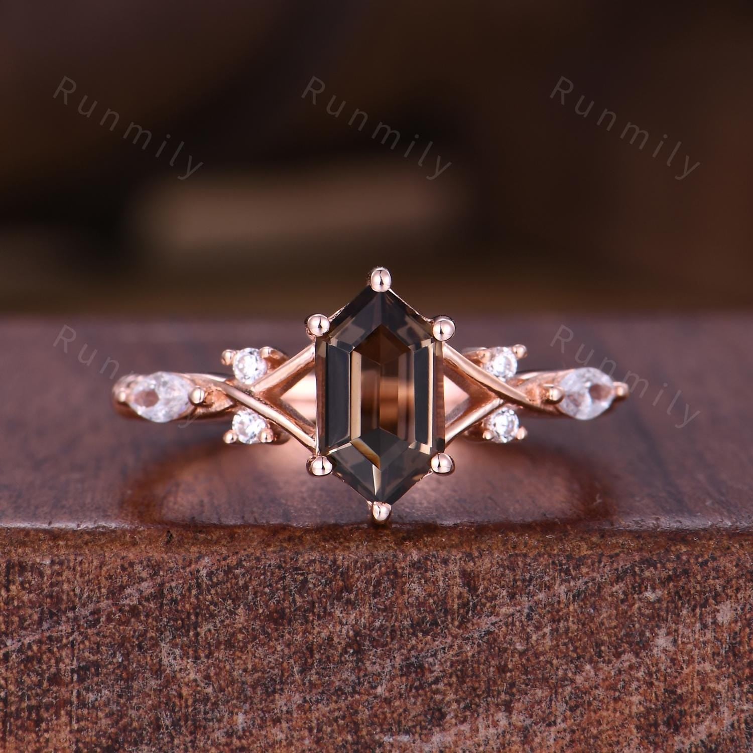 Vintage Smoky Quartz Couples Ring Rose Gold Matching Ring Set His and Hers Wedding Band Promise Ring For Men For Women Brown Gemstone Ring
