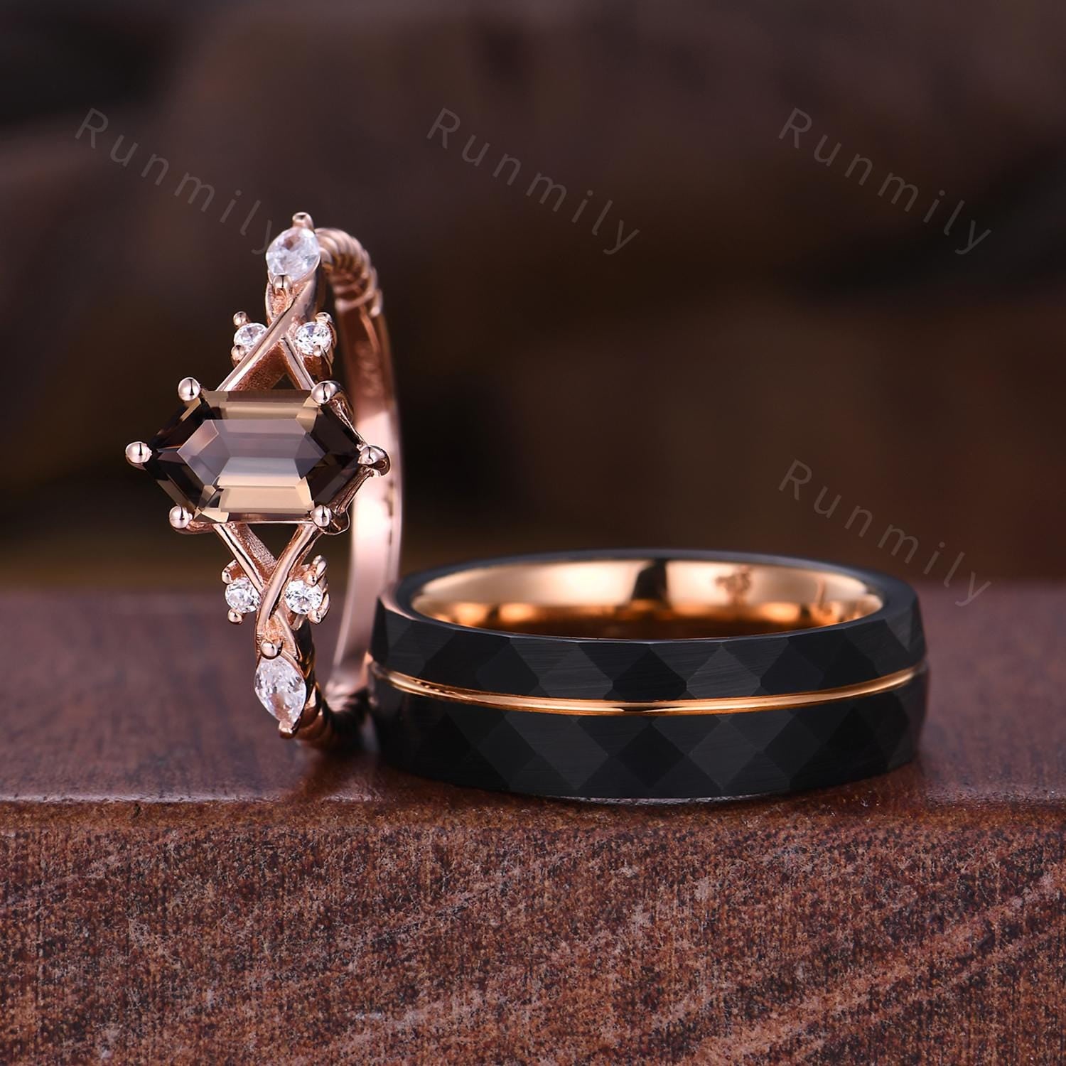 Vintage Smoky Quartz Couples Ring Rose Gold Matching Ring Set His and Hers Wedding Band Promise Ring For Men For Women Brown Gemstone Ring