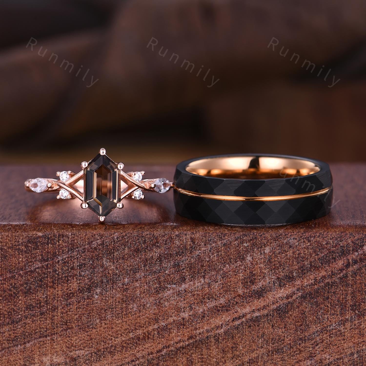 Vintage Smoky Quartz Couples Ring Rose Gold Matching Ring Set His and Hers Wedding Band Promise Ring For Men For Women Brown Gemstone Ring