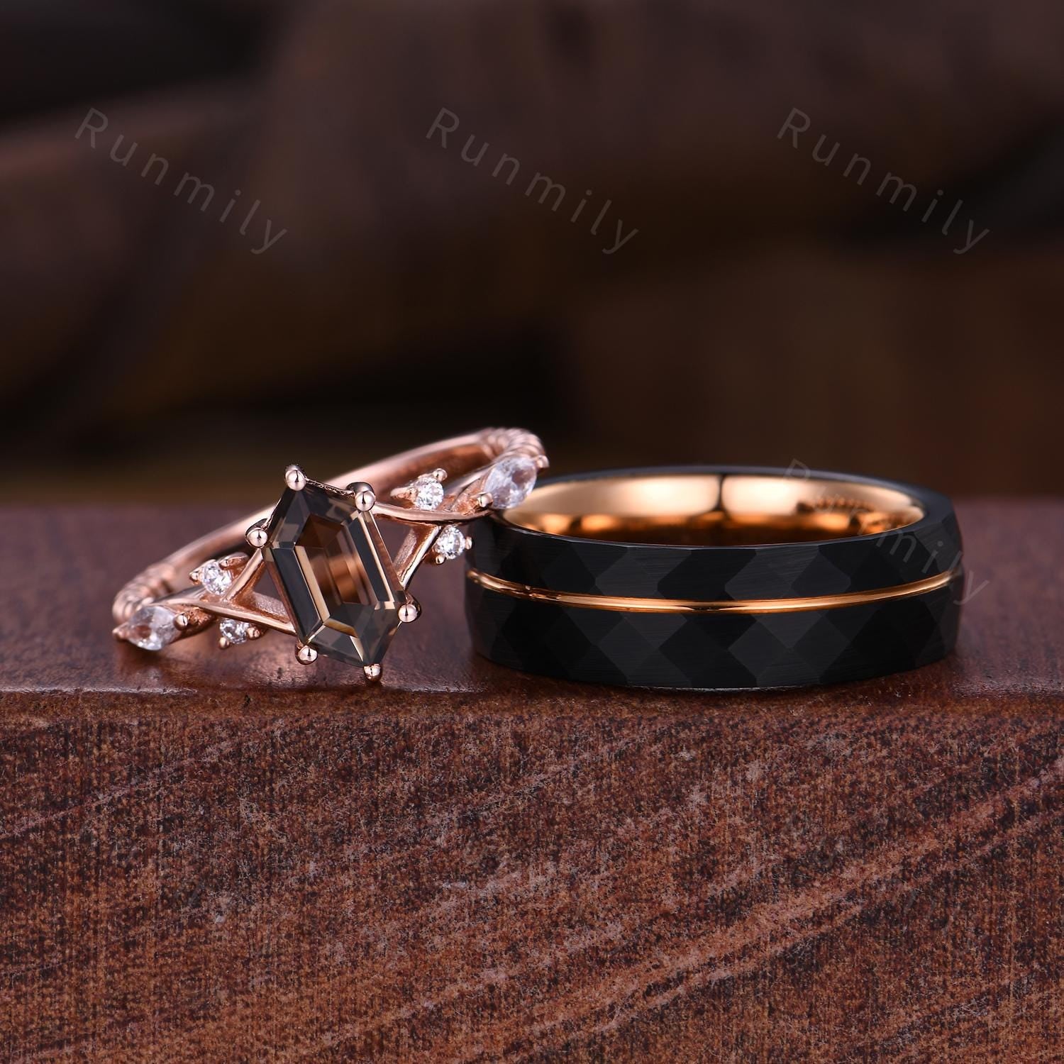 Vintage Smoky Quartz Couples Ring Rose Gold Matching Ring Set His and Hers Wedding Band Promise Ring For Men For Women Brown Gemstone Ring