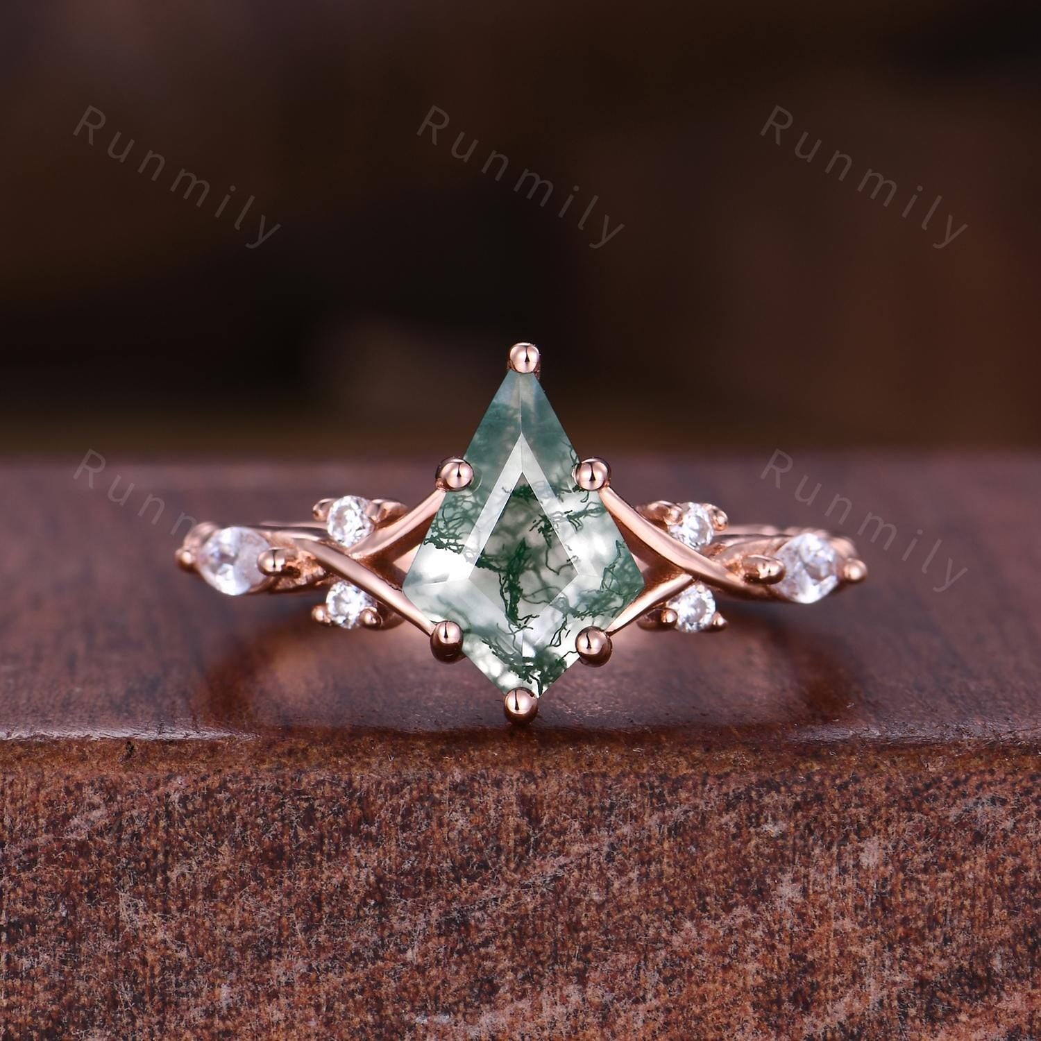Kite cut Moss Agate Couples Ring Rose Gold Matching Ring Set His and Hers Wedding Band Promise Ring For Men For Women Natural Green Agate