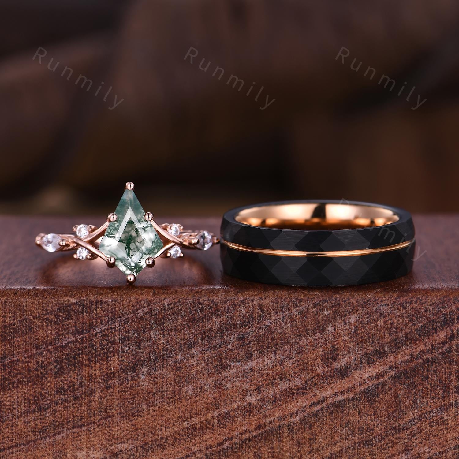 Kite cut Moss Agate Couples Ring Rose Gold Matching Ring Set His and Hers Wedding Band Promise Ring For Men For Women Natural Green Agate
