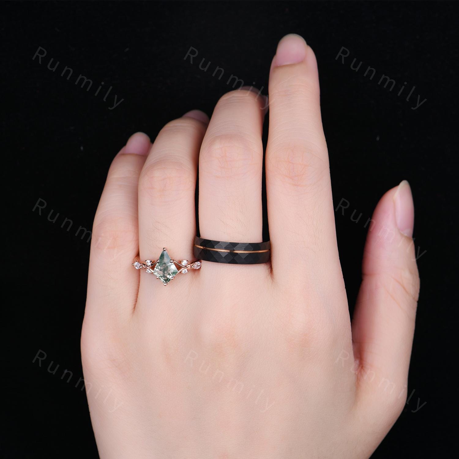 Kite cut Moss Agate Couples Ring Rose Gold Matching Ring Set His and Hers Wedding Band Promise Ring For Men For Women Natural Green Agate