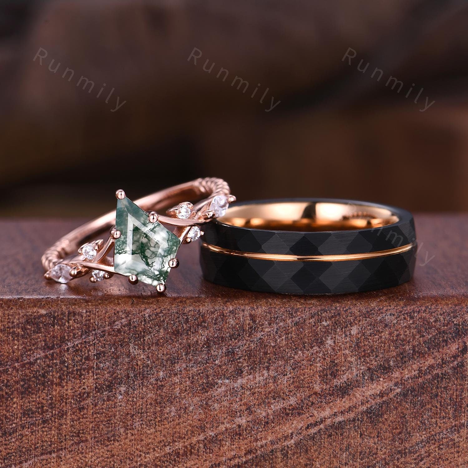 Kite cut Moss Agate Couples Ring Rose Gold Matching Ring Set His and Hers Wedding Band Promise Ring For Men For Women Natural Green Agate