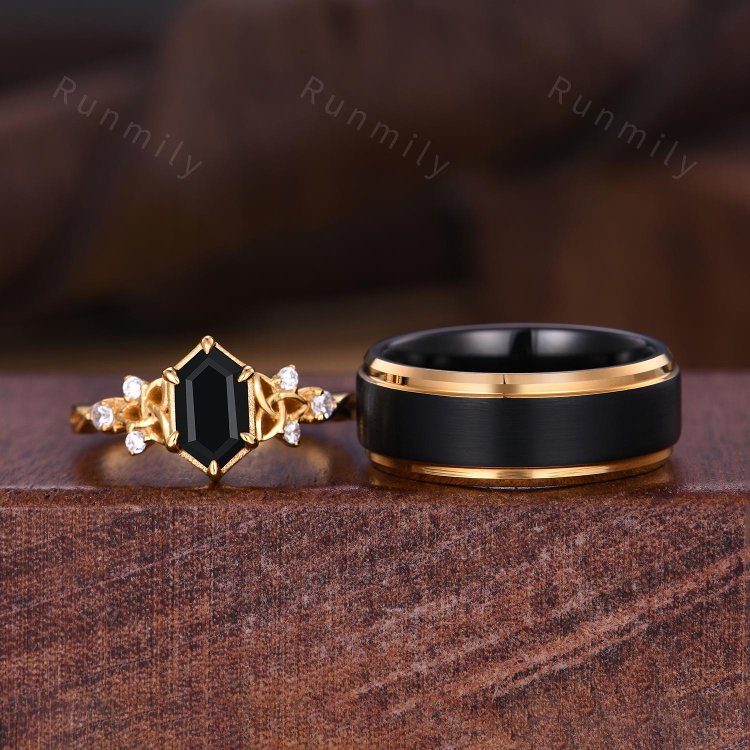 Celtic knot black onyx couple ring yellow gold His and Hers wedding band hexagon cut bridal ring Mens black tungsten ring promise ring set