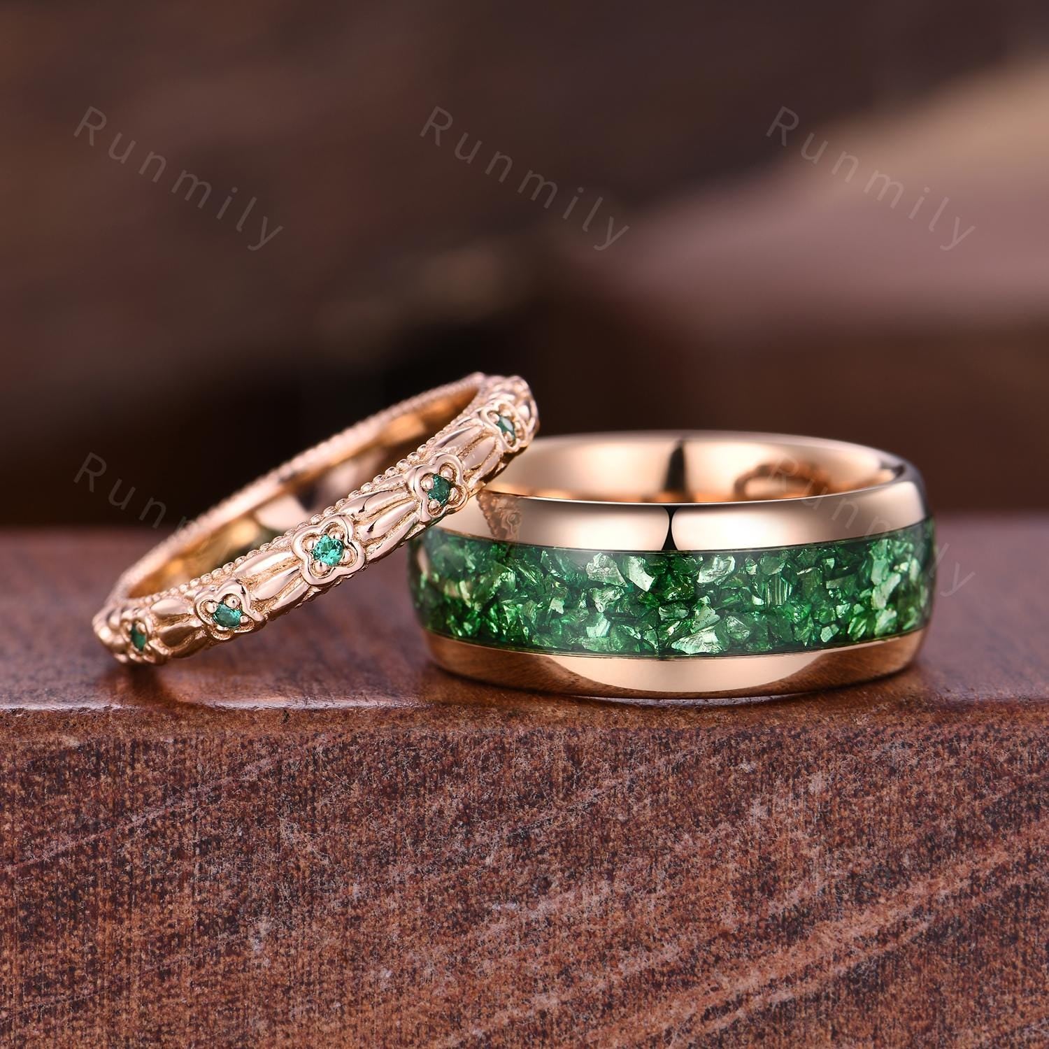 Rose Gold Emerald Couples Band His And Hers Matching Ring Set Floral Style Ring Mens Emerald Ring May Birthstone Gift For Men And Women