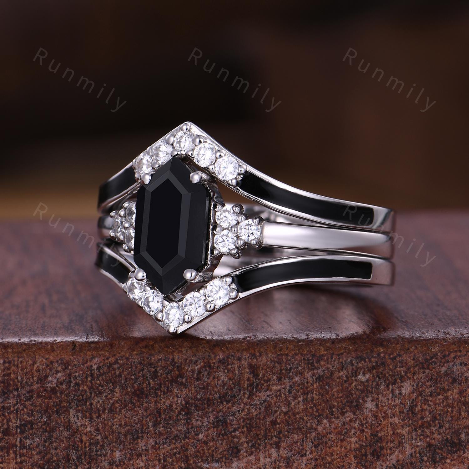 Vintage Unique Black Onyx engagement ring set hexagon cut ring set black onyx wedding bands art deco bridal wedding ring set for women