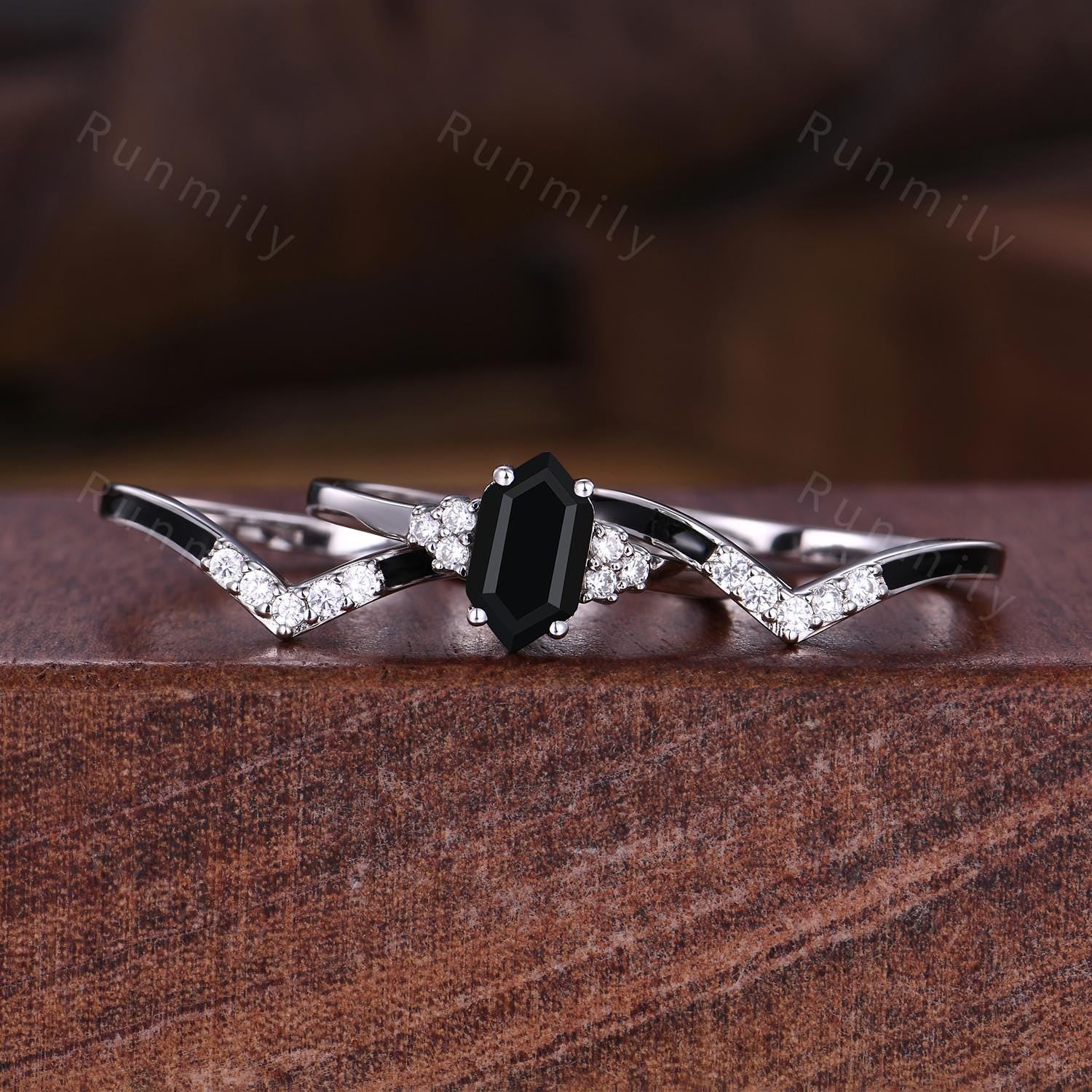 Vintage Unique Black Onyx engagement ring set hexagon cut ring set black onyx wedding bands art deco bridal wedding ring set for women