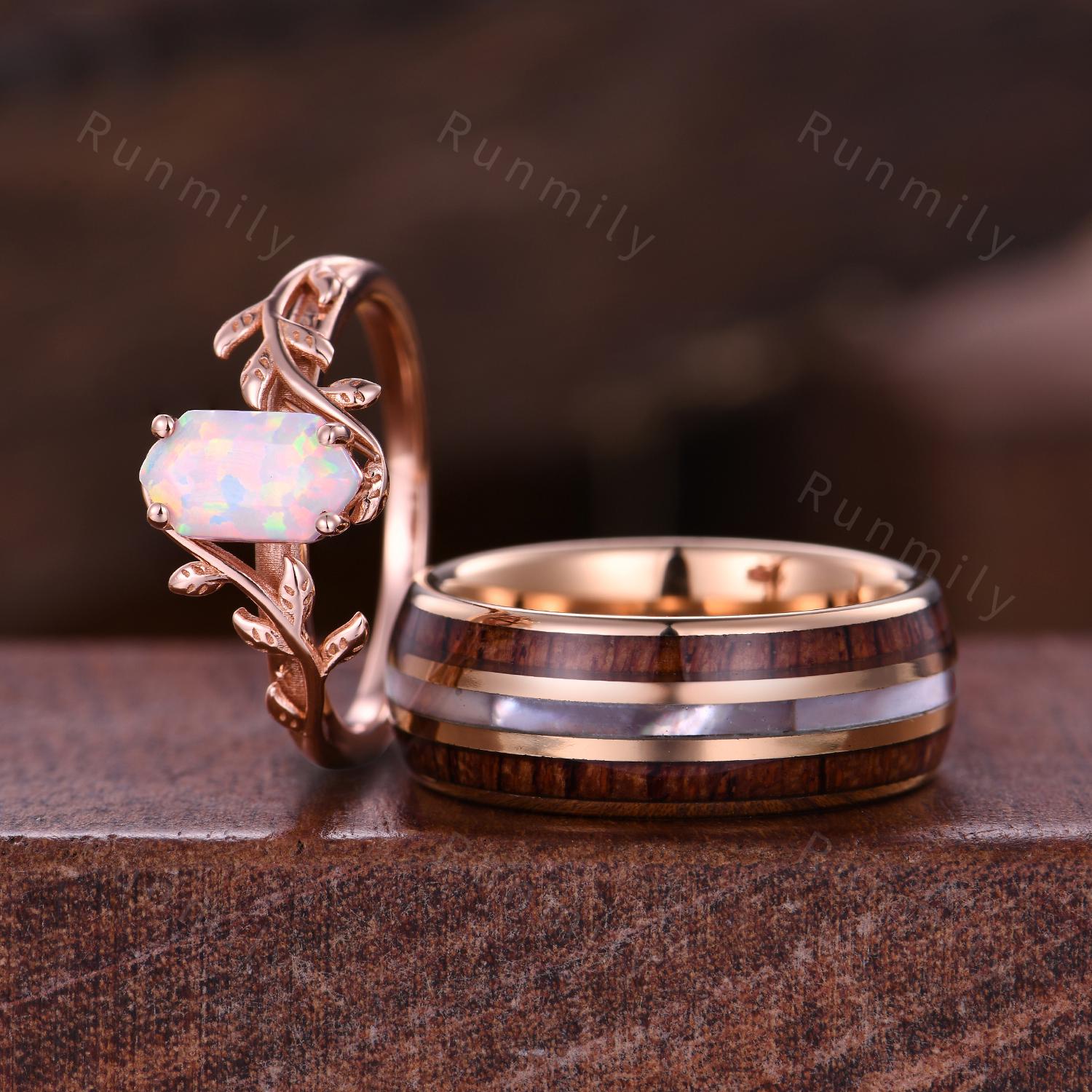 Hexagon cut White Opal Couples Ring Set Rose Gold Twig Leaf Ring His and Hers Wedding Band Mens Tungsten Ring October Anniversary Rings