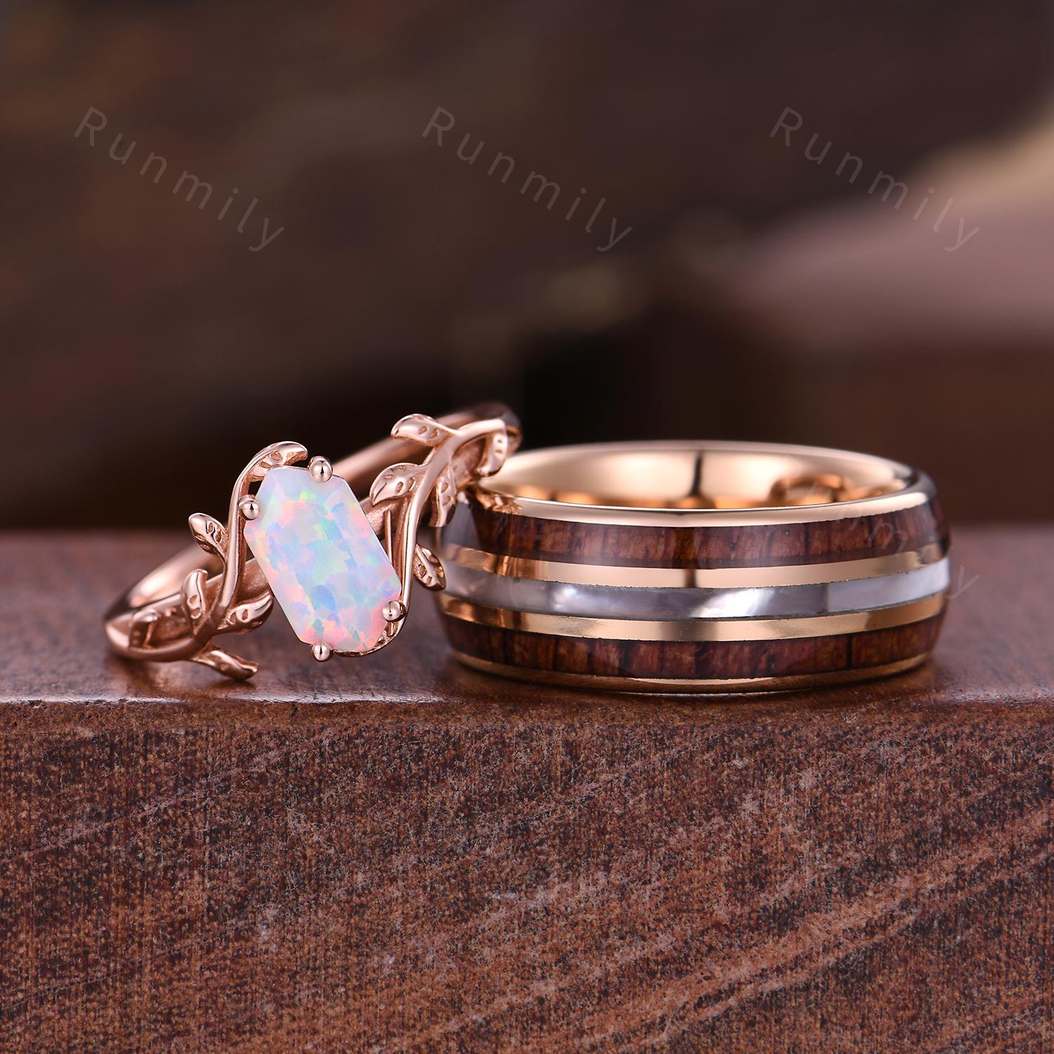 Hexagon cut White Opal Couples Ring Set Rose Gold Twig Leaf Ring His and Hers Wedding Band Mens Tungsten Ring October Anniversary Rings