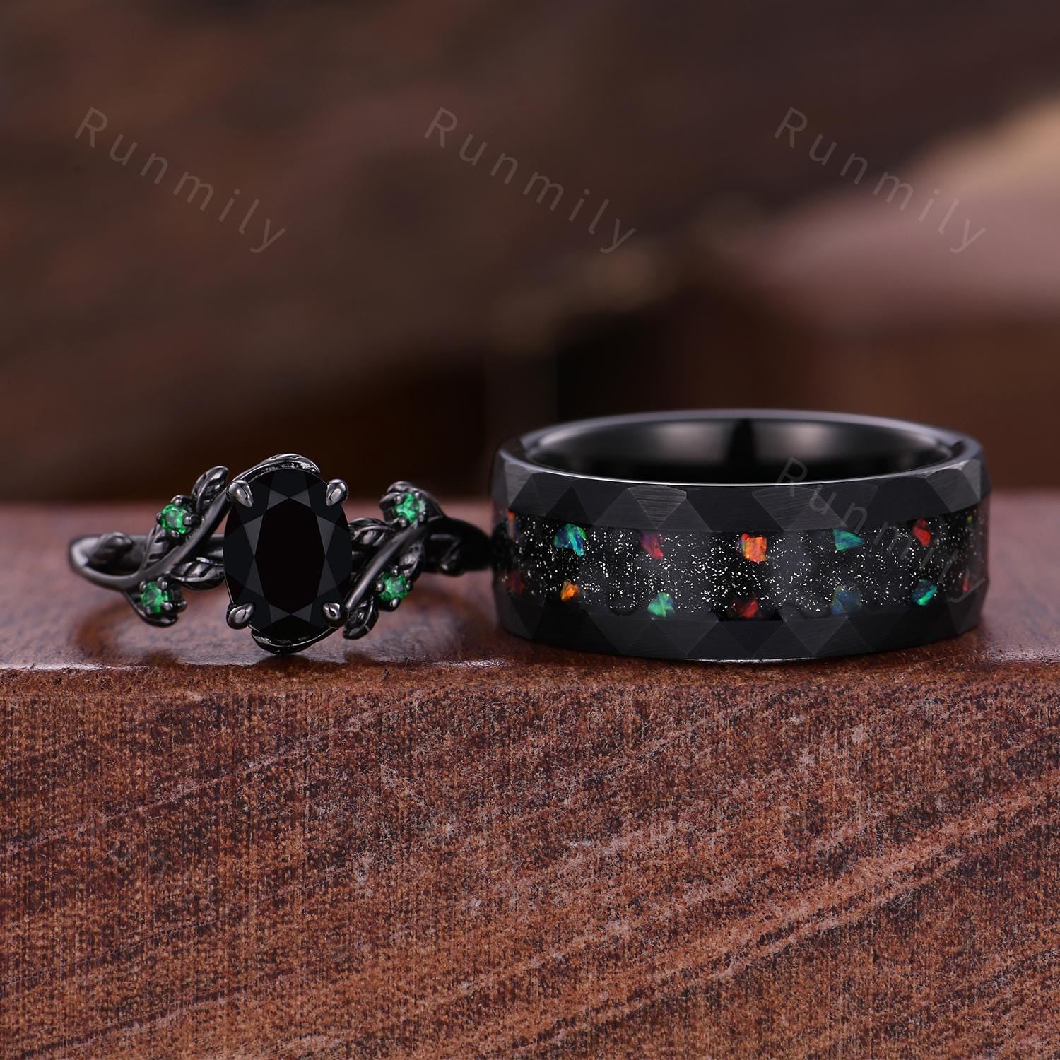 Oval cut Black Onyx Couple Ring Set Gothic Black Gold His and Hers Ring Galaxy Sandstone Ring Mens Tungsten Ring Promise Rings for Couple