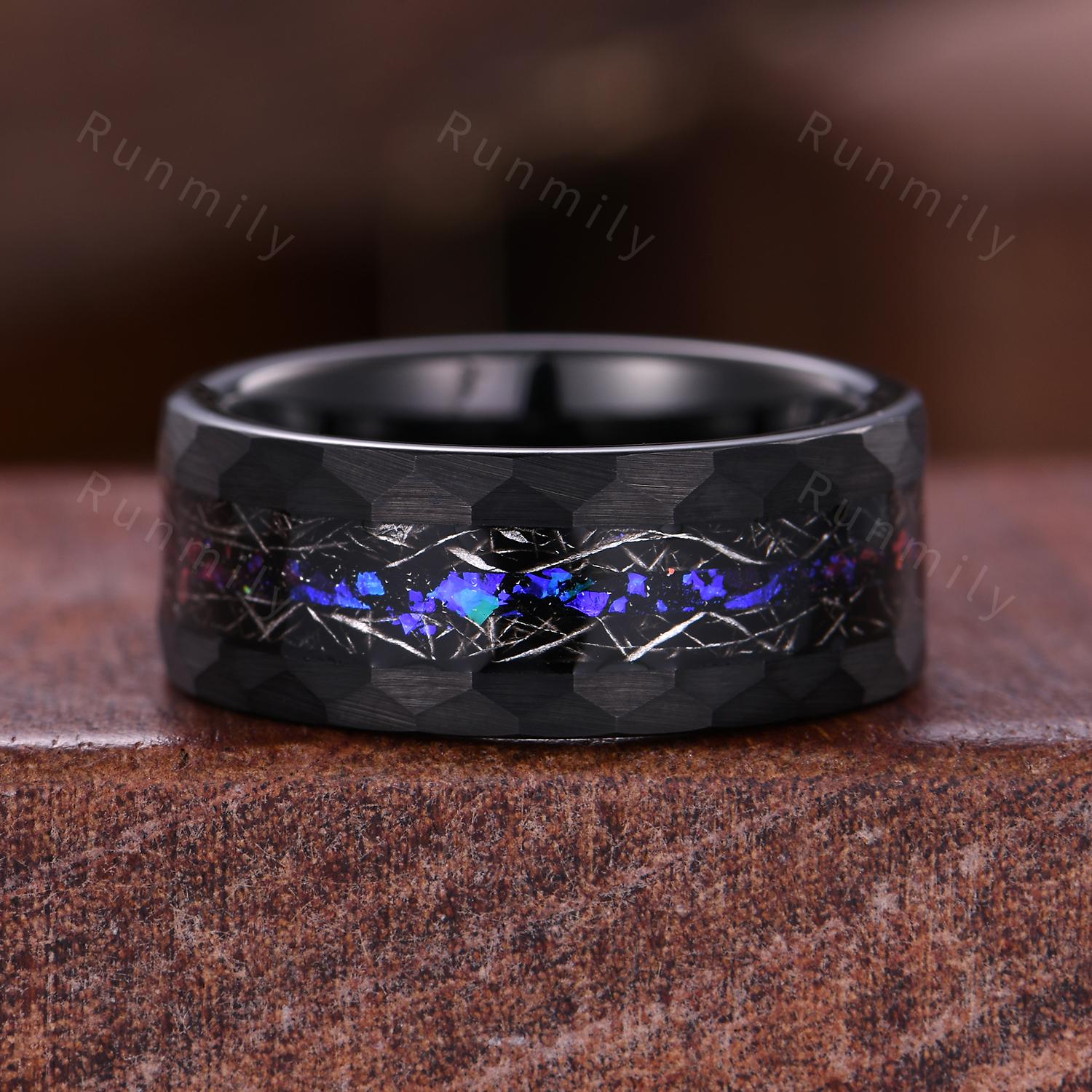 Blue Nebula Ring Set Vintage Blue Sapphire Engagement Ring Gothic Black Gold Matching Ring Set His and Hers Band Outer Space Couple Ring Set