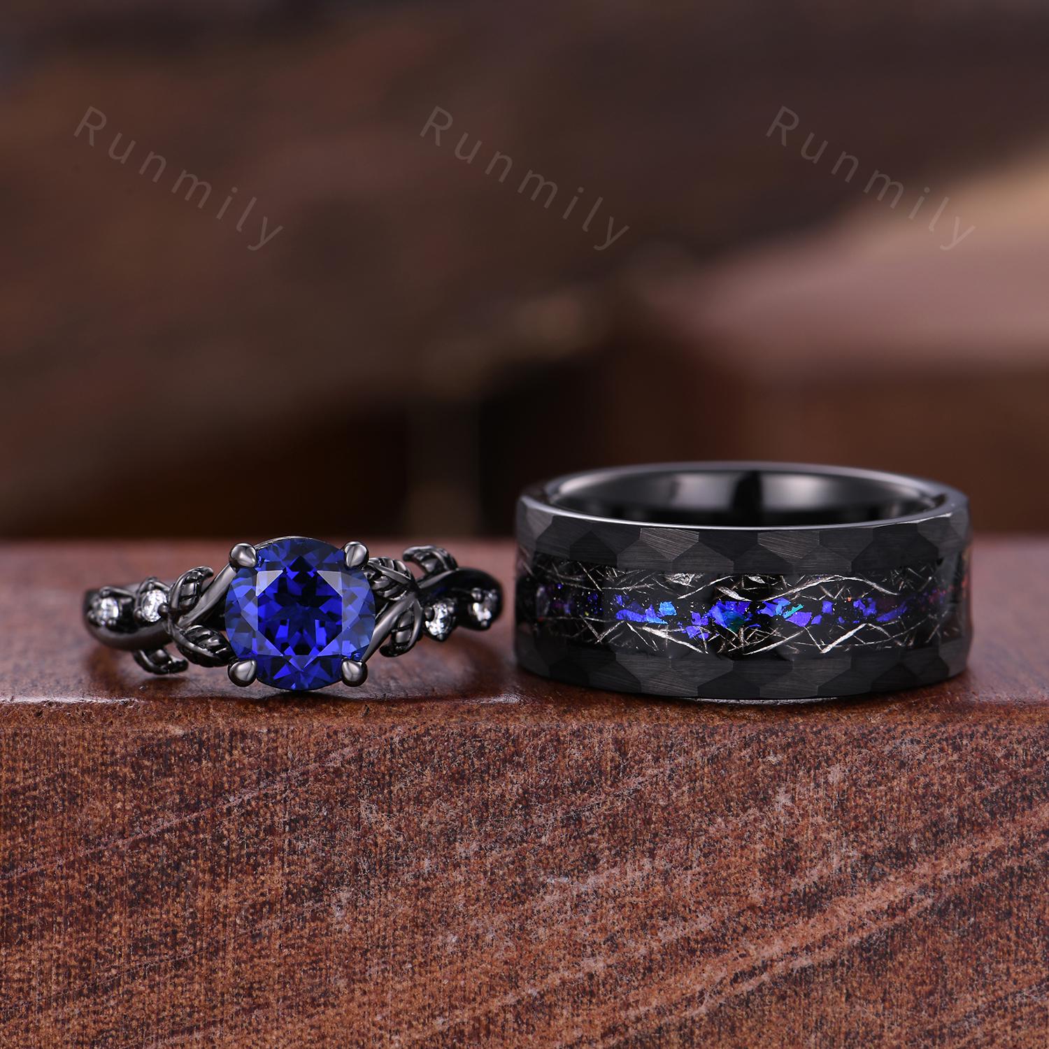Blue Nebula Ring Set Vintage Blue Sapphire Engagement Ring Gothic Black Gold Matching Ring Set His and Hers Band Outer Space Couple Ring Set