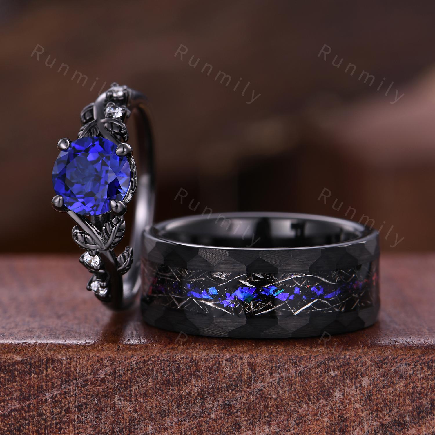 Blue Nebula Ring Set Vintage Blue Sapphire Engagement Ring Gothic Black Gold Matching Ring Set His and Hers Band Outer Space Couple Ring Set