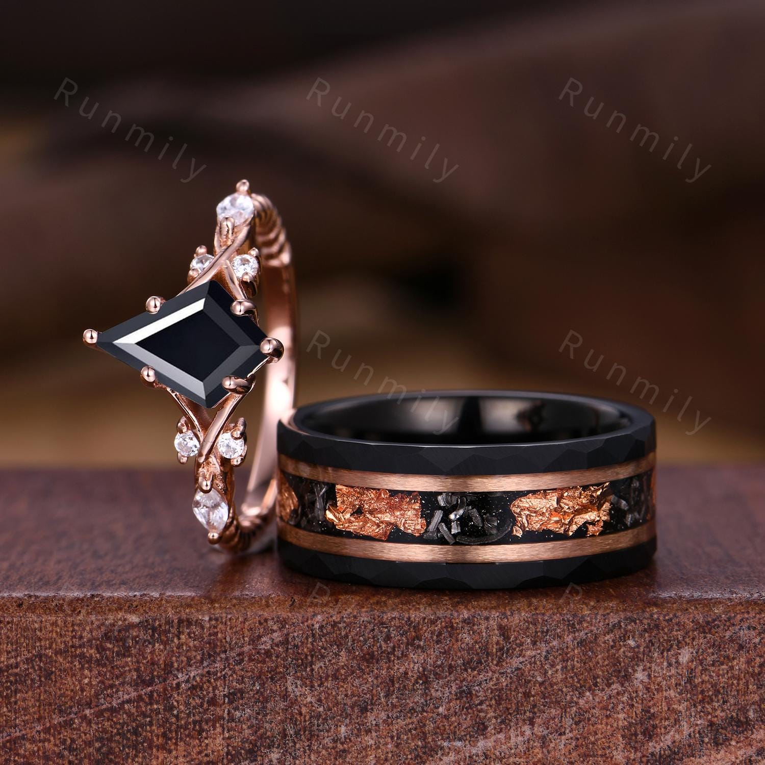 Kite cut black onyx couples ring set rose gold matching promise rings His and Hers wedding band Mens tungsten ring Couple's anniversary ring