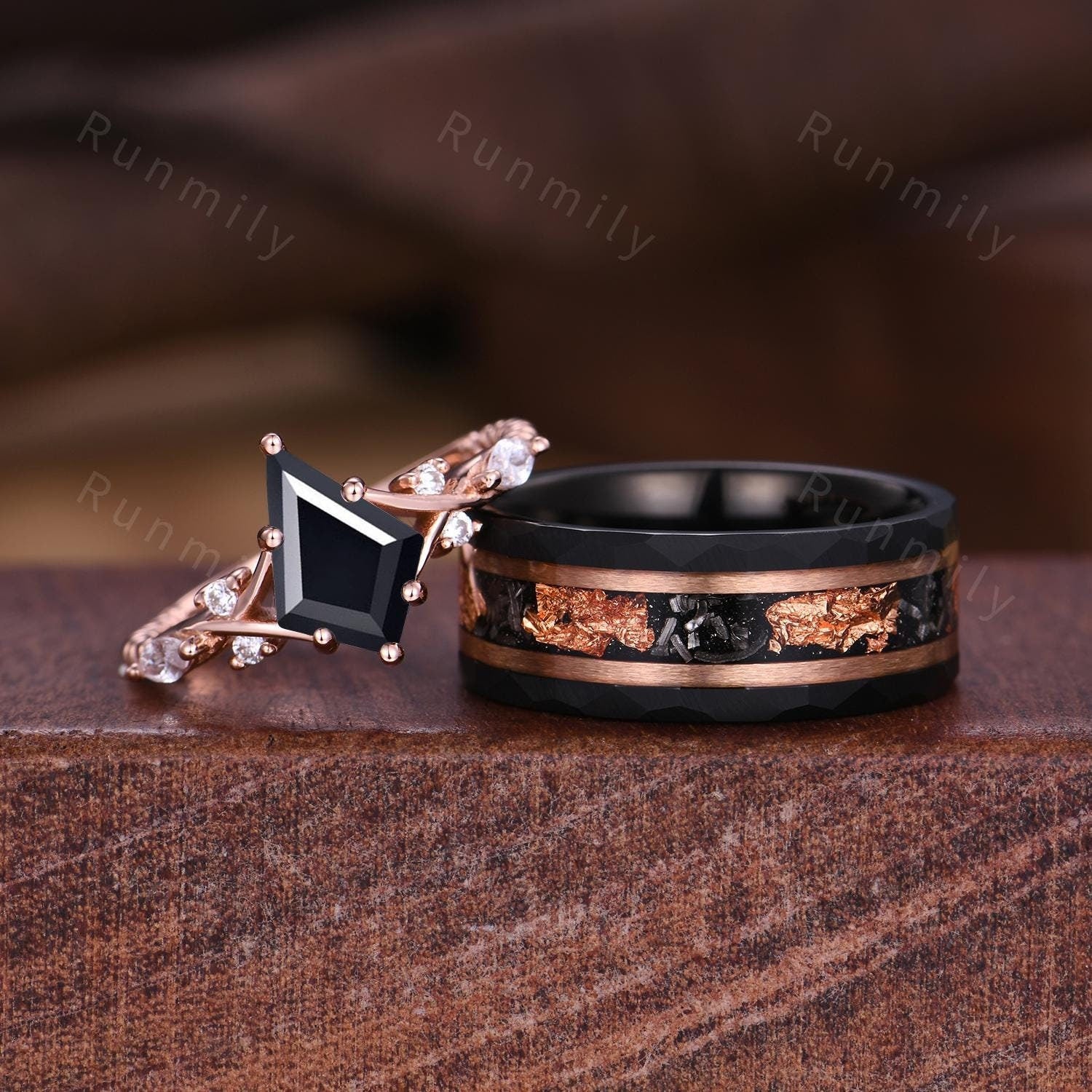 Kite cut black onyx couples ring set rose gold matching promise rings His and Hers wedding band Mens tungsten ring Couple's anniversary ring