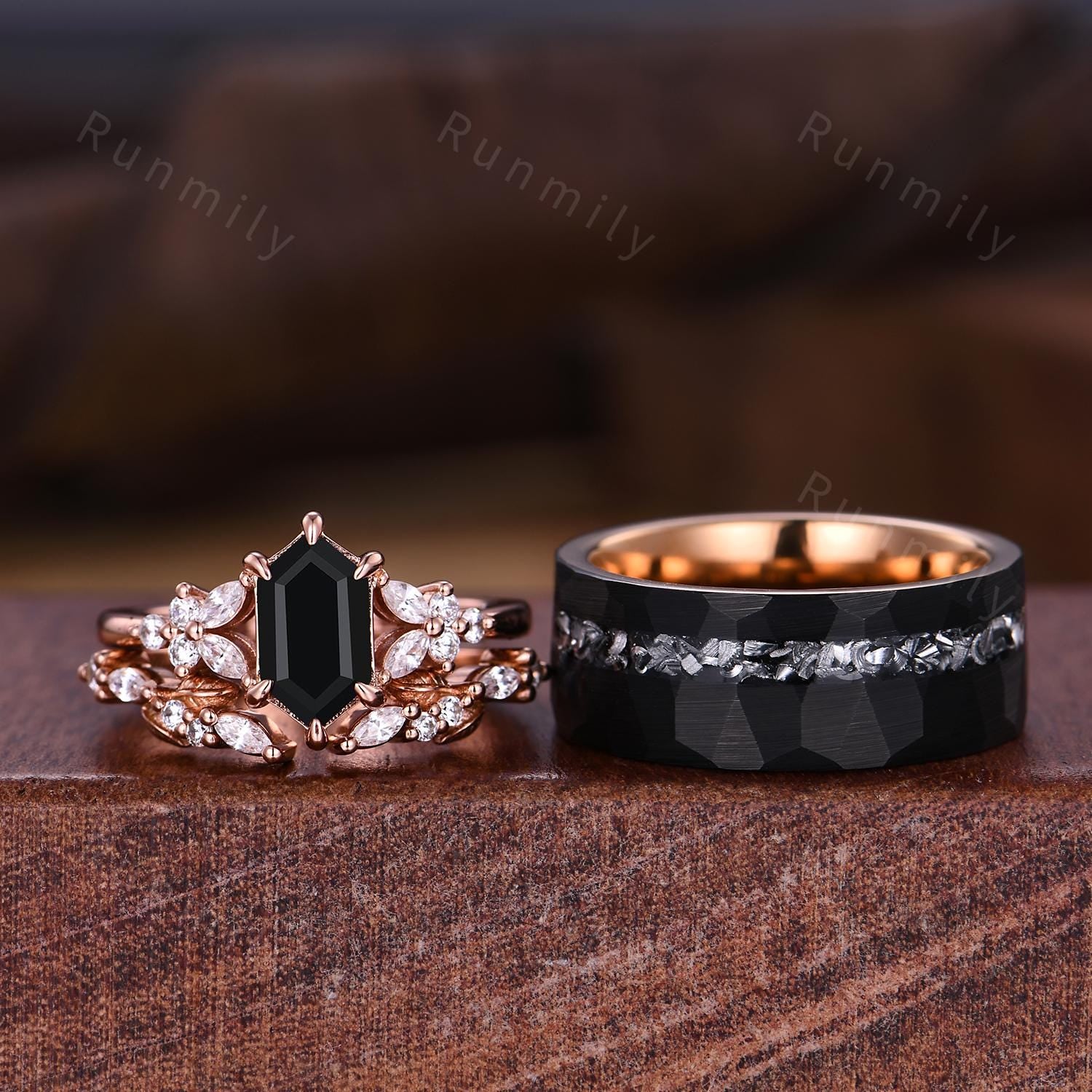 3PCS Vintage Black Onyx Couples Ring Set Unique Cluster Ring His and Hers Wedding Band Mens Tungsten Ring Hexagon cut Black Onyx Bridal Set