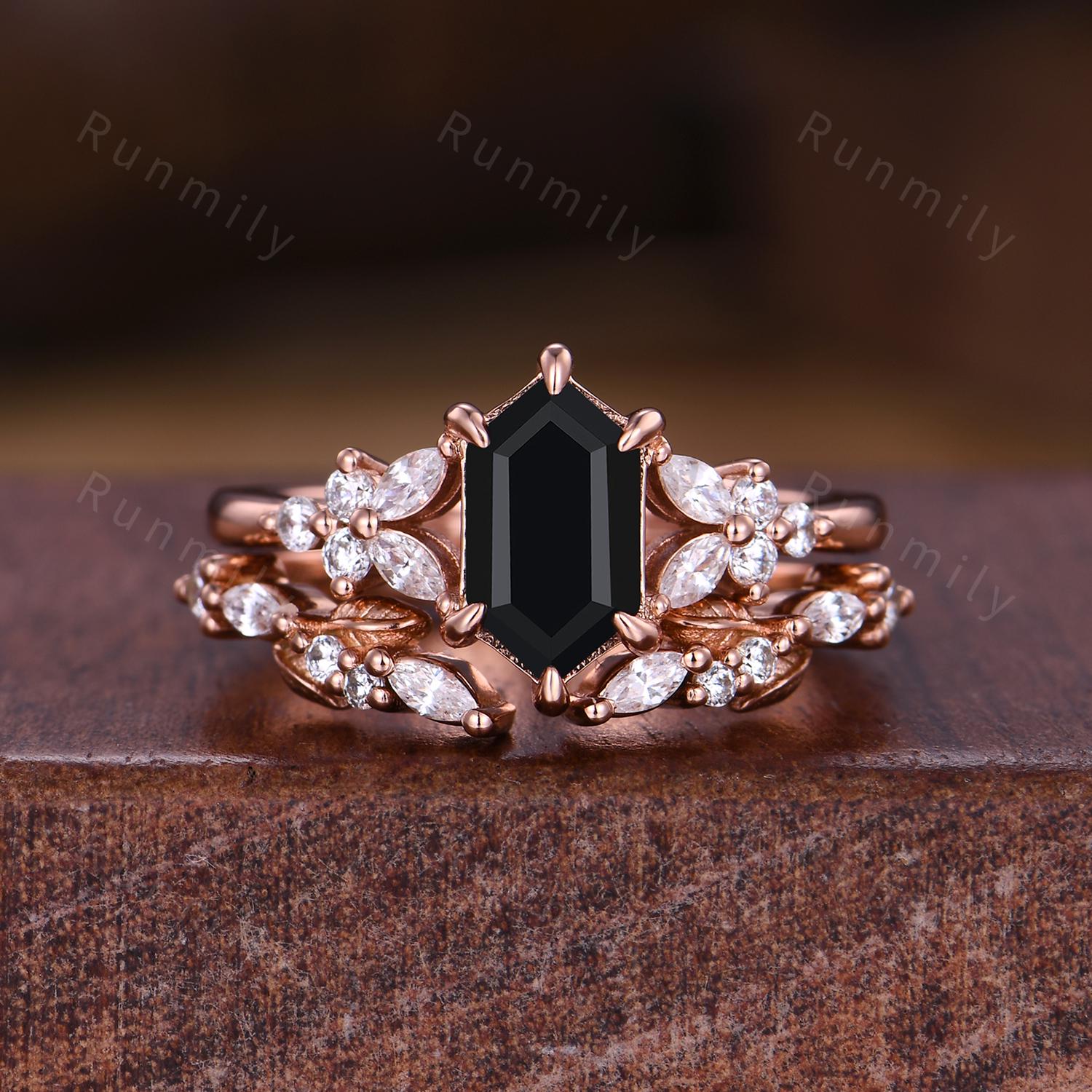 3PCS Vintage Black Onyx Couples Ring Set Unique Cluster Ring His and Hers Wedding Band Mens Tungsten Ring Hexagon cut Black Onyx Bridal Set