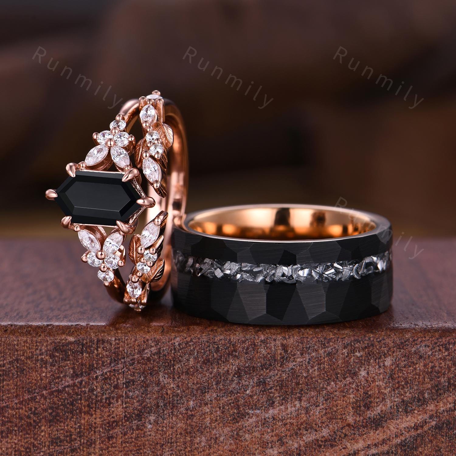 3PCS Vintage Black Onyx Couples Ring Set Unique Cluster Ring His and Hers Wedding Band Mens Tungsten Ring Hexagon cut Black Onyx Bridal Set