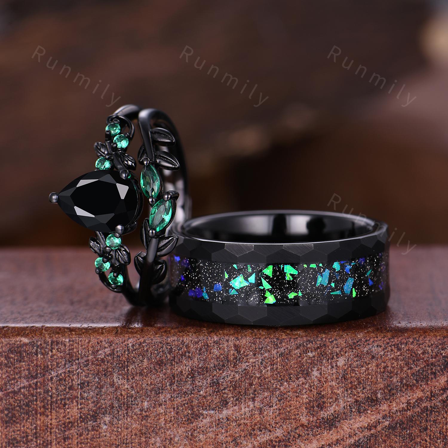 Starry Night Black Onyx Ring Set Black Gold His and Hers Wedding Band Unique Couples Ring Nature Inspired Ring Couple Matching Promise Rings