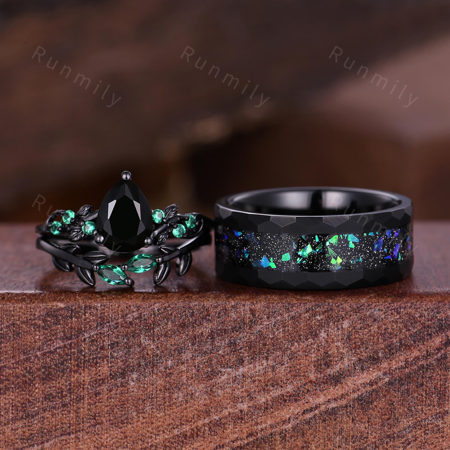 Starry Night Black Onyx Ring Set Black Gold His and Hers Wedding Band Unique Couples Ring Nature Inspired Ring Couple Matching Promise Rings