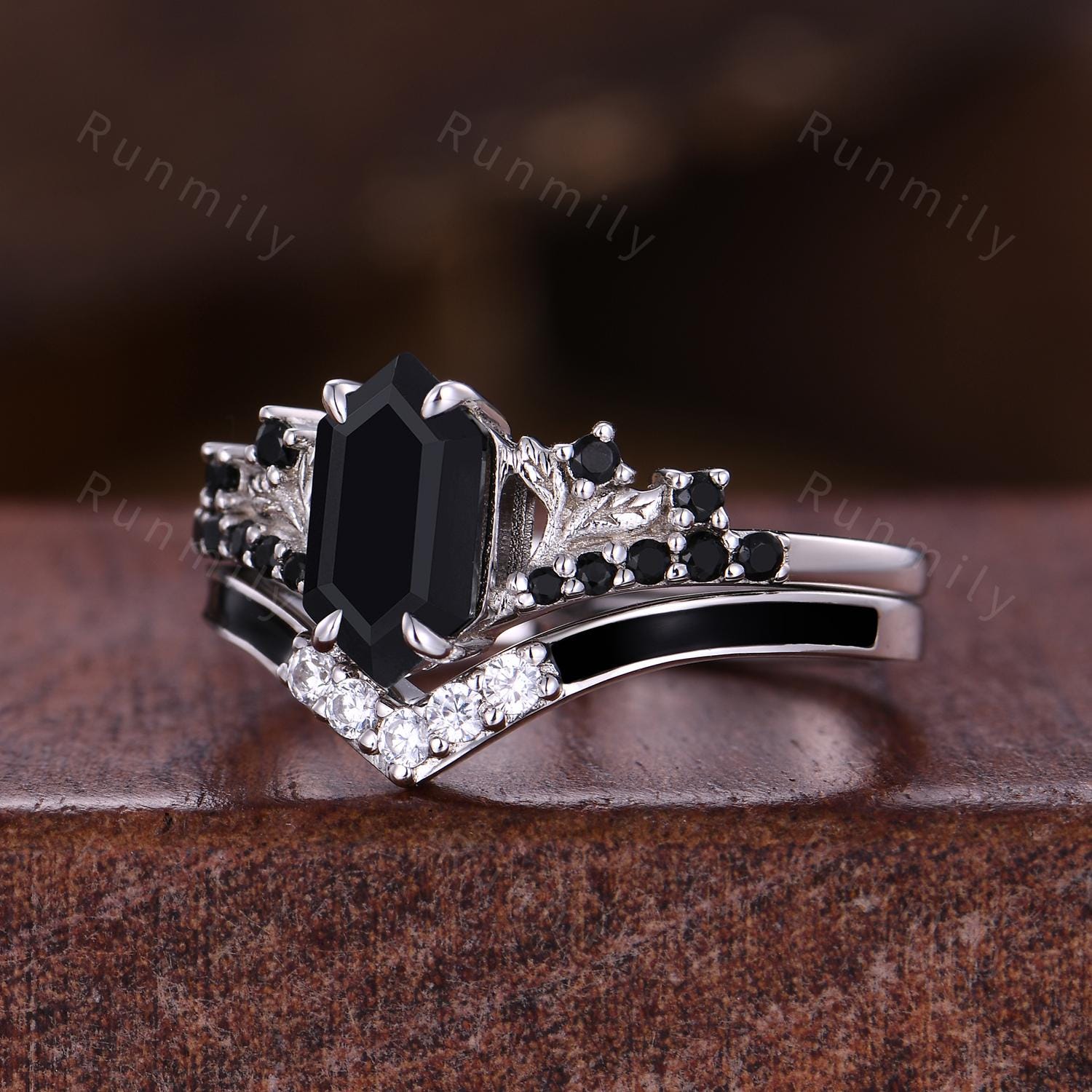 Hexagon cut Black Onyx Engagement ring set Vintage black enamel wedding band Sterling Silver Branch leaf Bridal set Anniversary ring gift