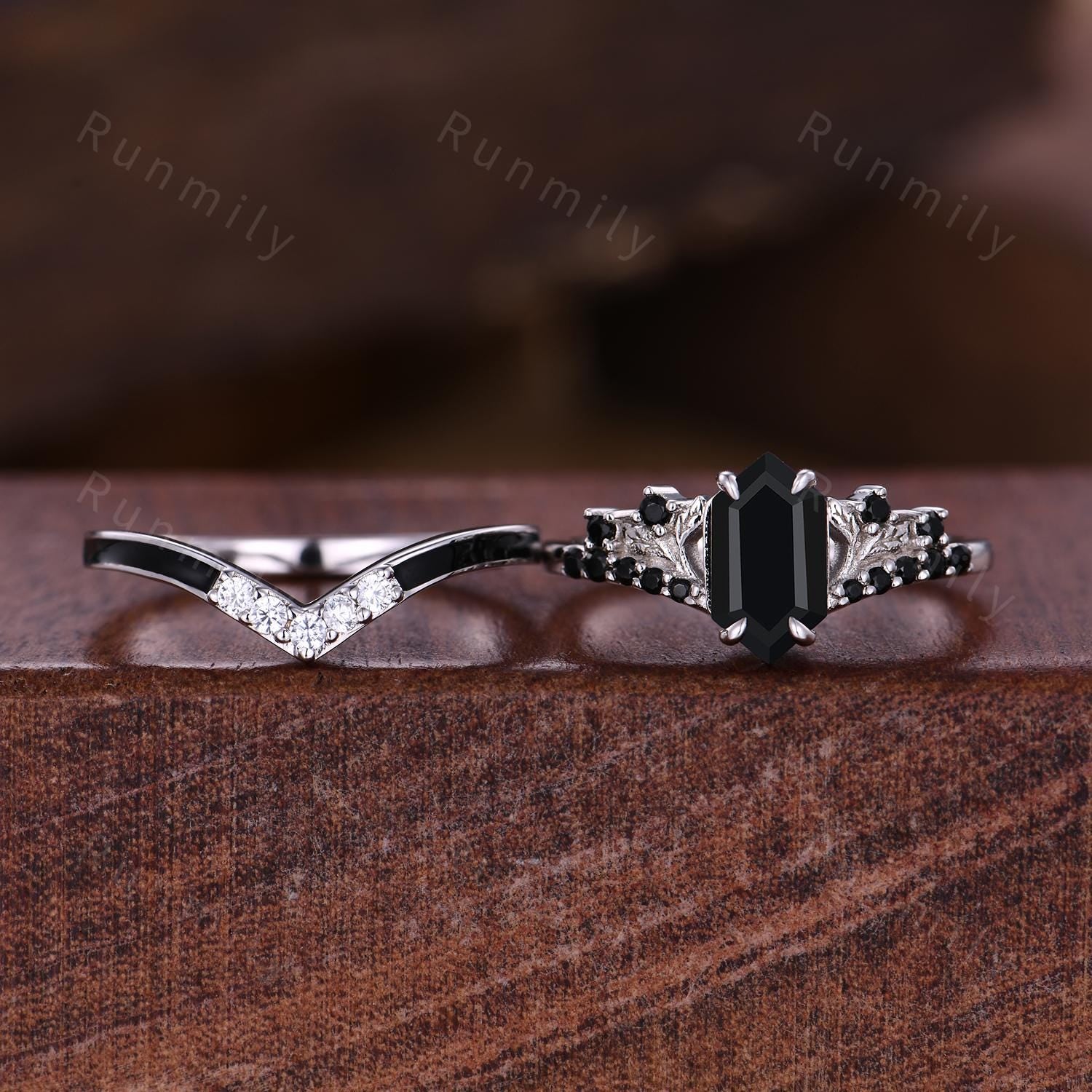 Hexagon cut Black Onyx Engagement ring set Vintage black enamel wedding band Sterling Silver Branch leaf Bridal set Anniversary ring gift