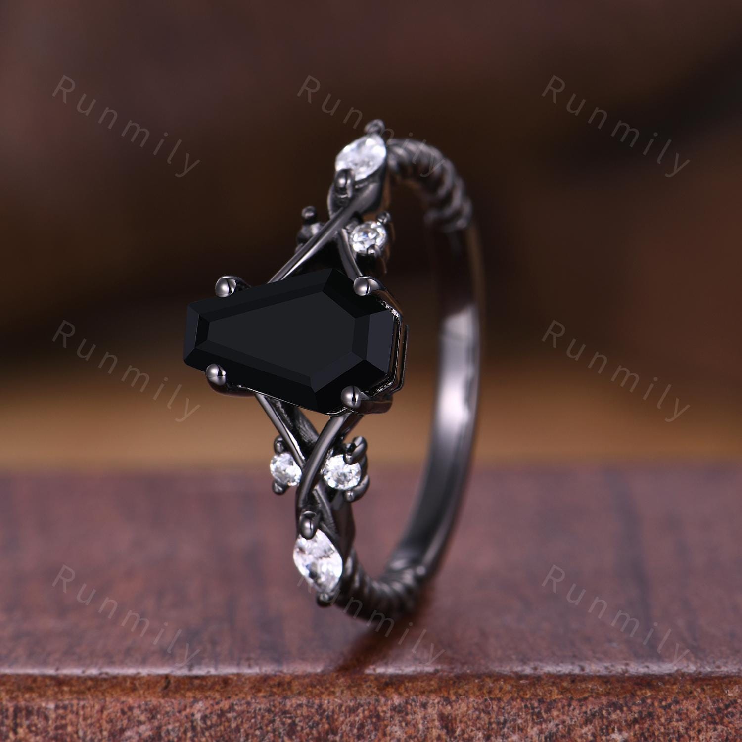 Coffin cut black onyx ring gothic black gold engagement ring unique twisted band ring bridal promise ring Natural black gemstone ring