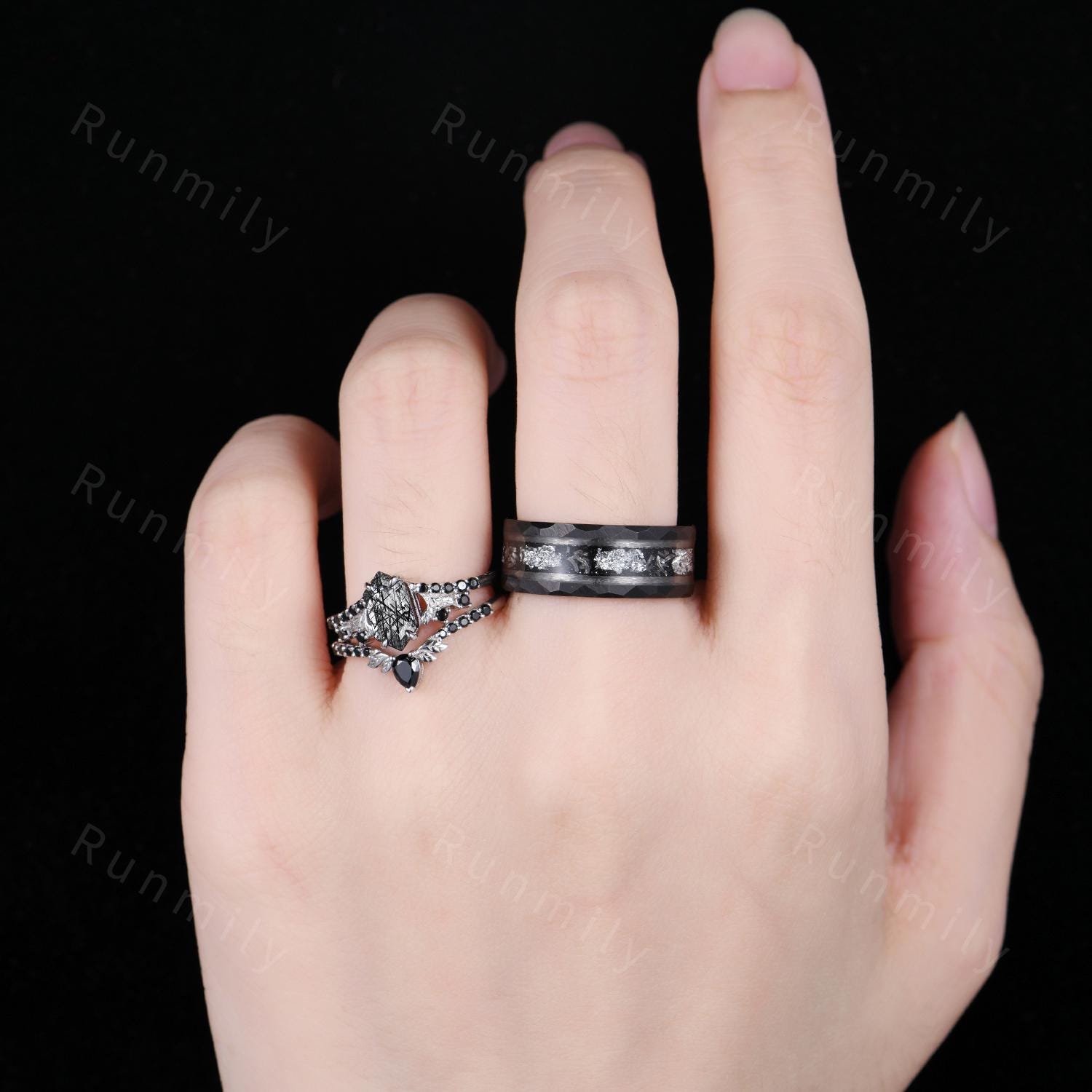 3PCS Black Rutilated Quartz Couple Ring Set Nature Inspired His and Hers Matching Wedding Band Mens Tungsten Ring Unique Bridal Ring Set