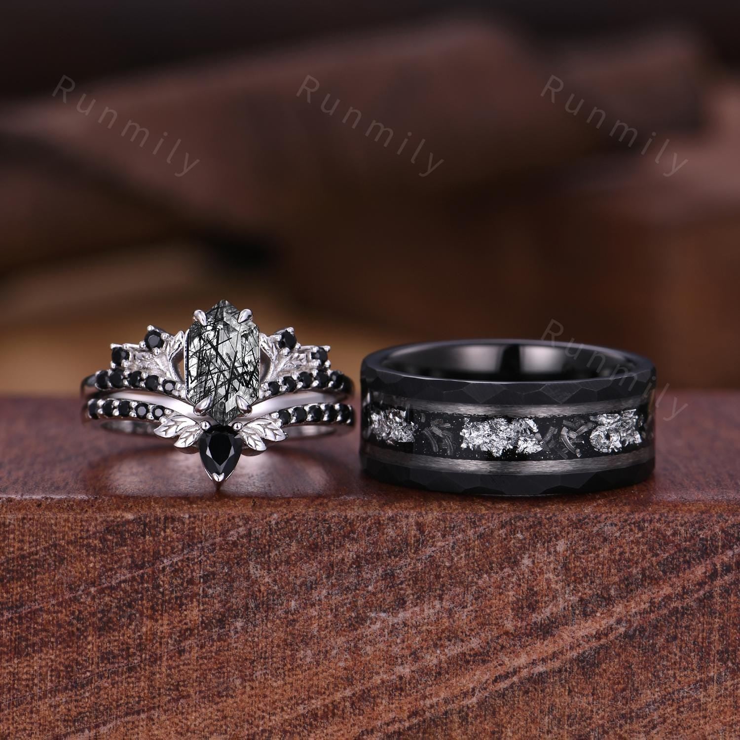3PCS Black Rutilated Quartz Couple Ring Set Nature Inspired His and Hers Matching Wedding Band Mens Tungsten Ring Unique Bridal Ring Set