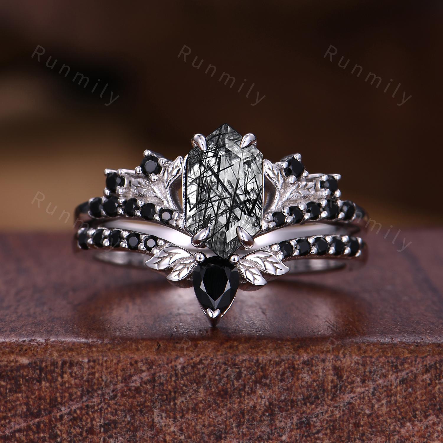 3PCS Black Rutilated Quartz Couple Ring Set Nature Inspired His and Hers Matching Wedding Band Mens Tungsten Ring Unique Bridal Ring Set