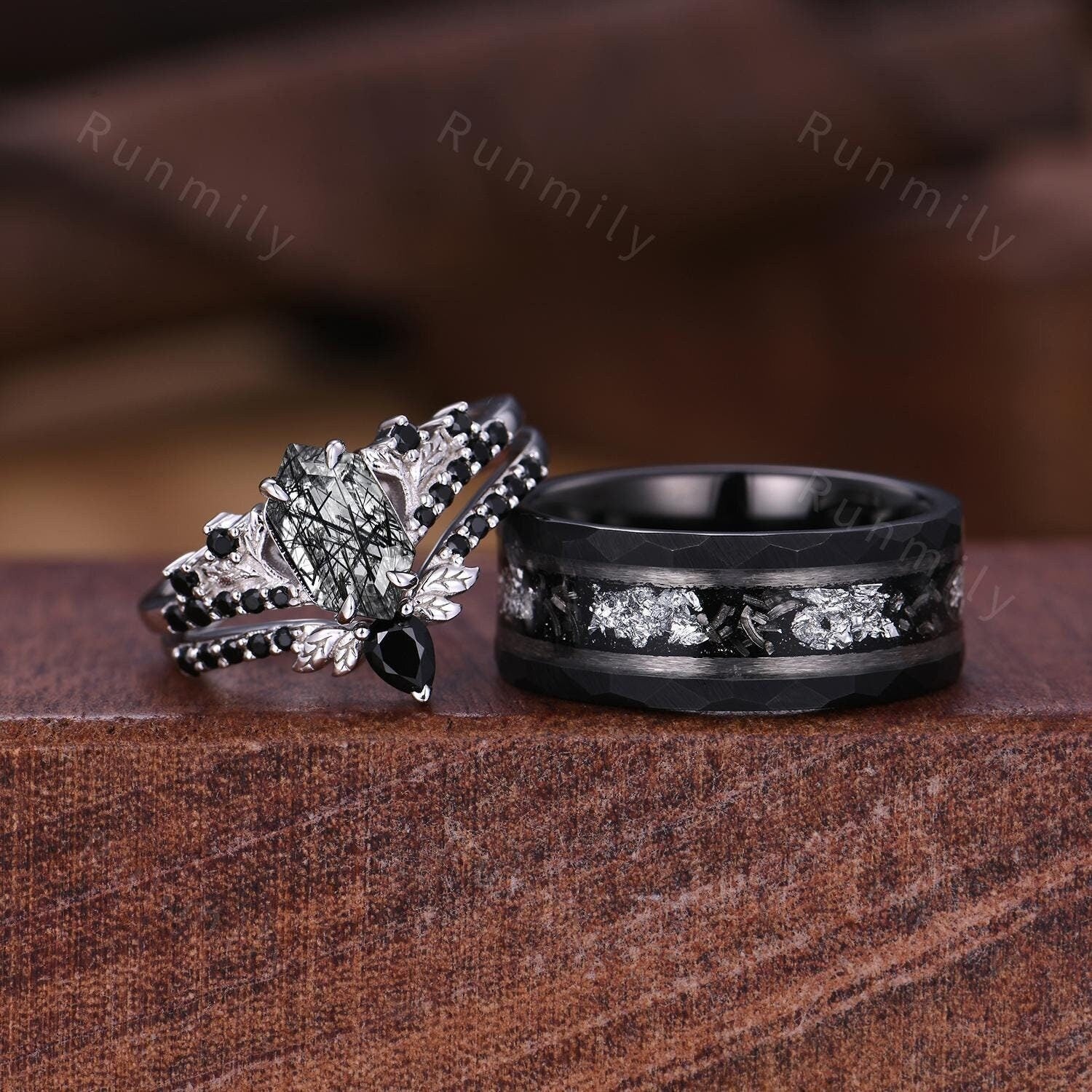 3PCS Black Rutilated Quartz Couple Ring Set Nature Inspired His and Hers Matching Wedding Band Mens Tungsten Ring Unique Bridal Ring Set