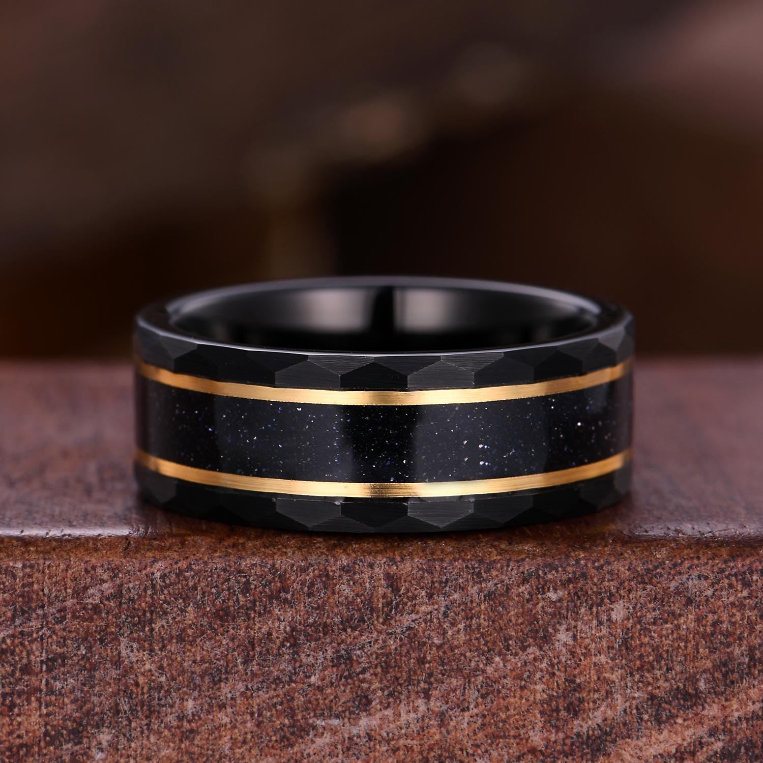 Vintage Blue Sandstone Engagement Ring Set Yellow Gold Couples Ring His and Hers Galaxy Sandstone Wedding Band Anniversary Gift for Couple