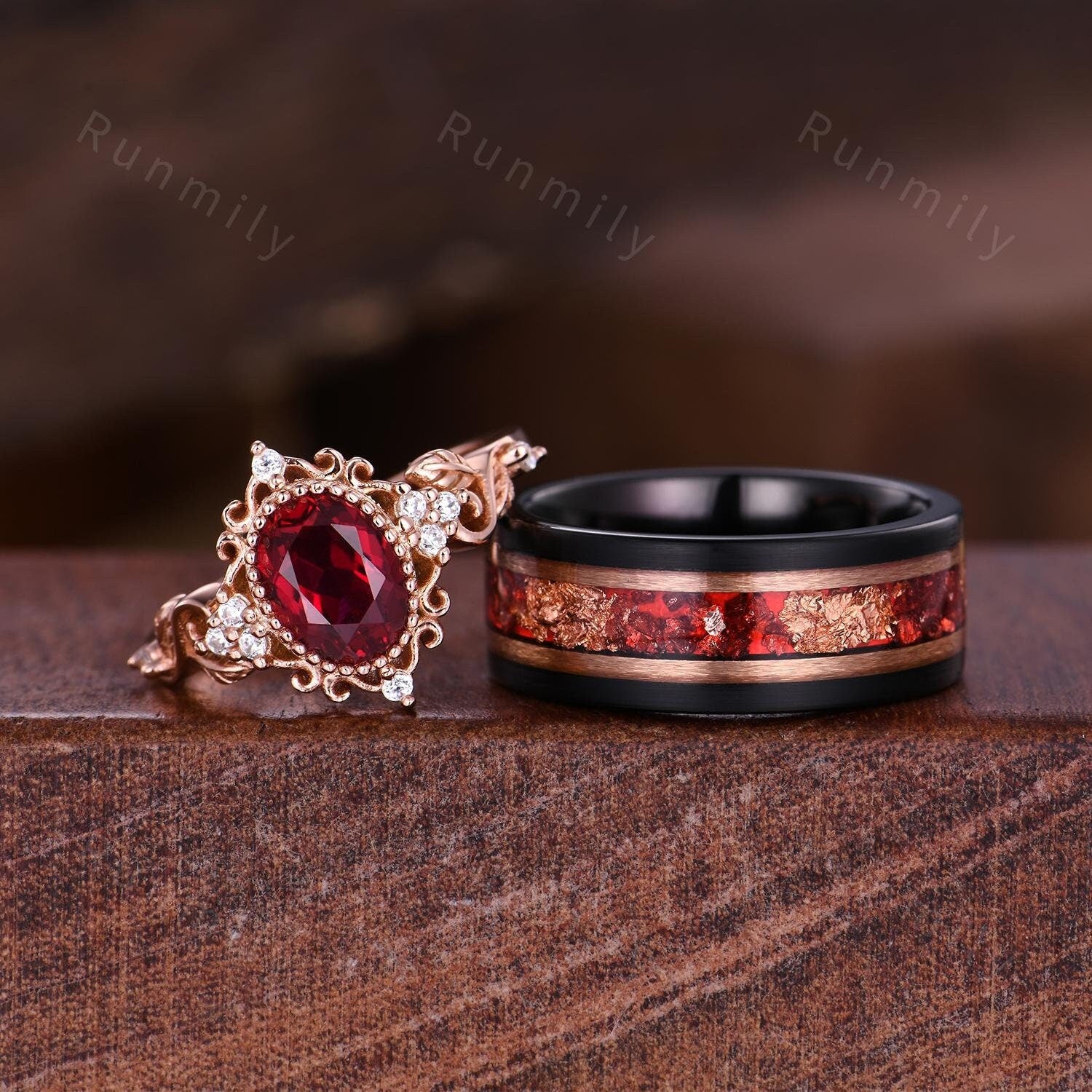 Vintage Oval cut Ruby Couples Ring Set Rose Gold Matching Ring His and Hers Promise Ring Mens Ruby Ring Leaf Inspired Ring Anniversary Ring