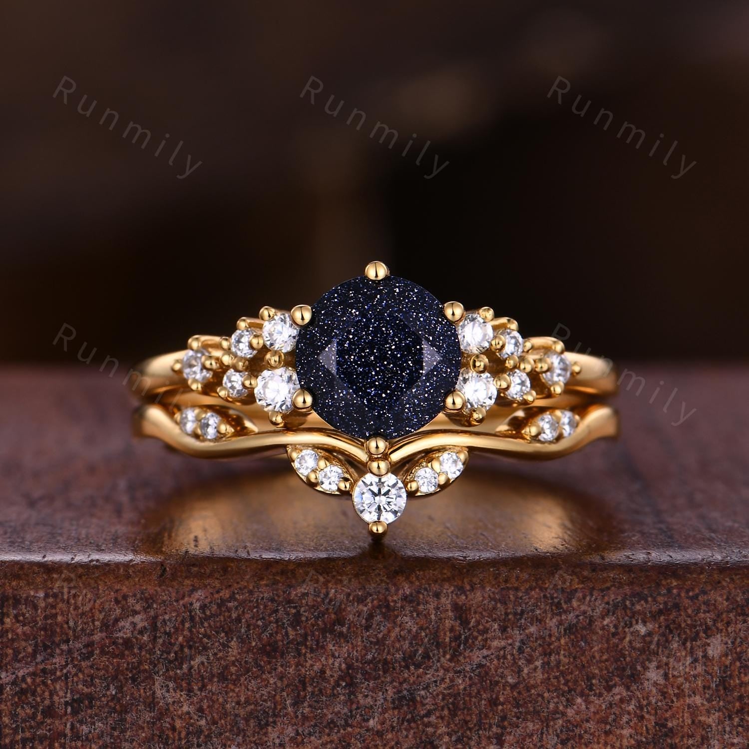 Vintage Blue Sandstone Engagement Ring Set Yellow Gold Couples Ring His and Hers Galaxy Sandstone Wedding Band Anniversary Gift for Couple