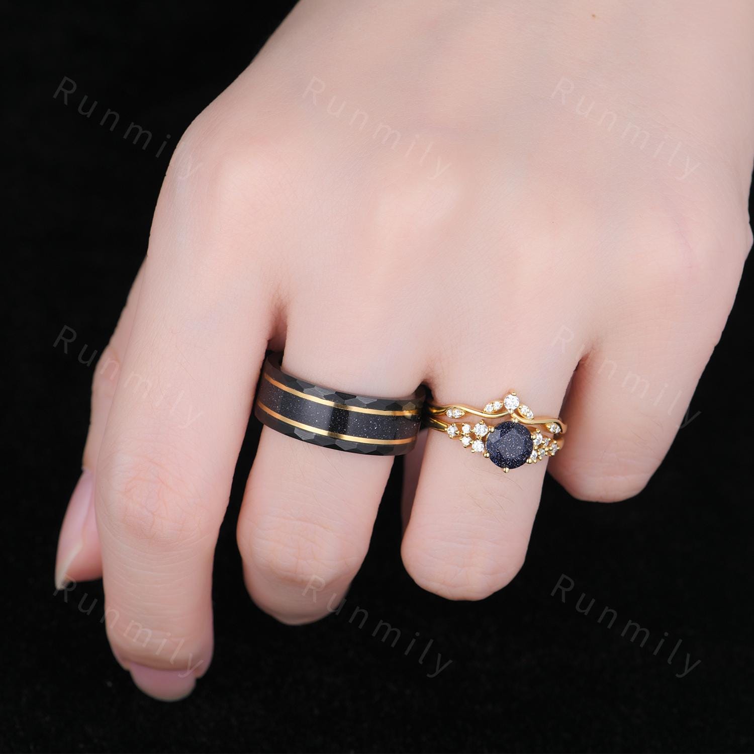 Vintage Blue Sandstone Engagement Ring Set Yellow Gold Couples Ring His and Hers Galaxy Sandstone Wedding Band Anniversary Gift for Couple