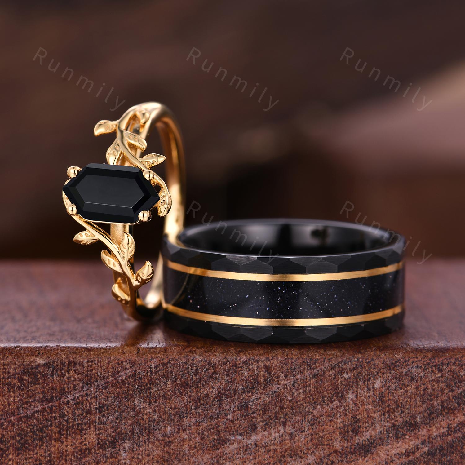 Hexagon cut Black Onyx Couples Ring Yellow Gold Matching Ring Set His and Hers Wedding Band Mens Galaxy Sandstone Ring Couples Promise Ring