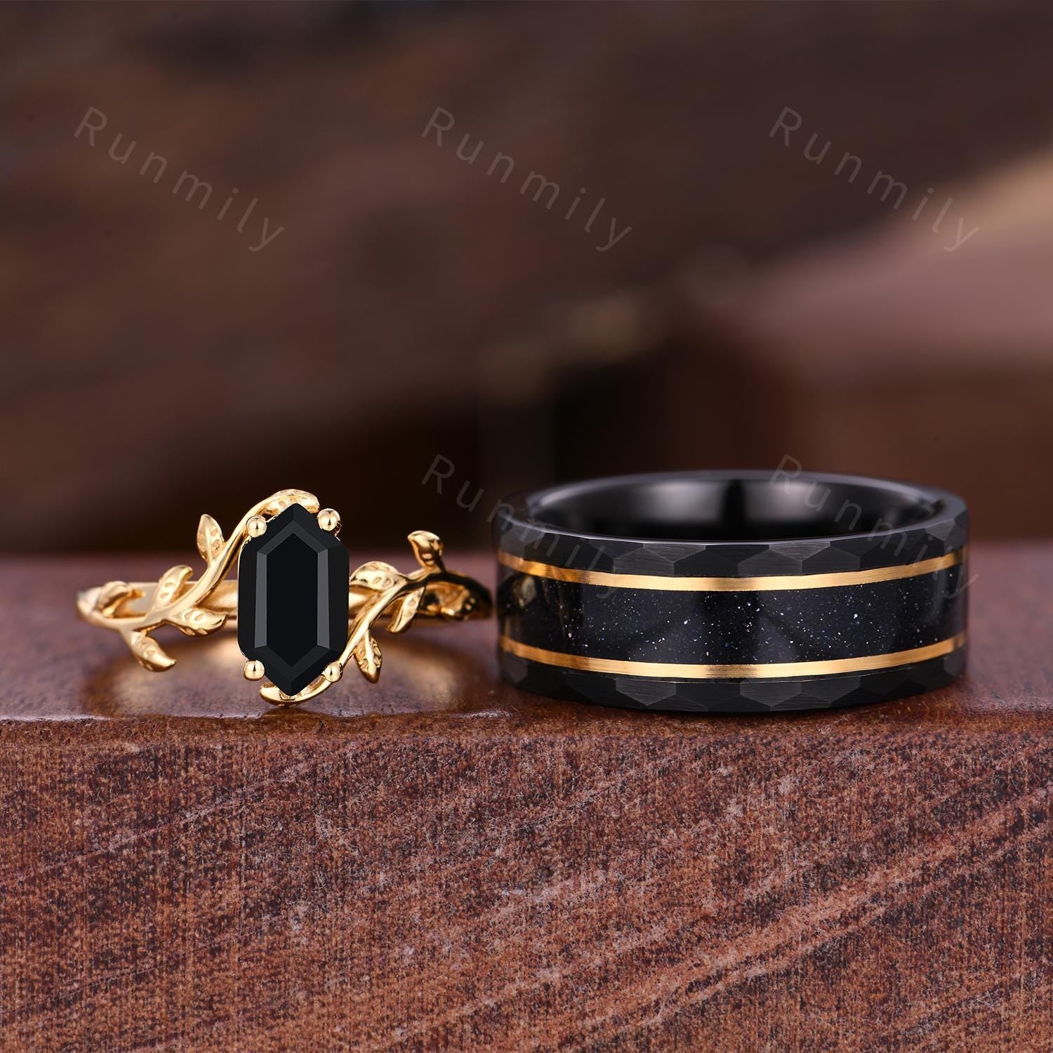 Hexagon cut Black Onyx Couples Ring Yellow Gold Matching Ring Set His and Hers Wedding Band Mens Galaxy Sandstone Ring Couples Promise Ring