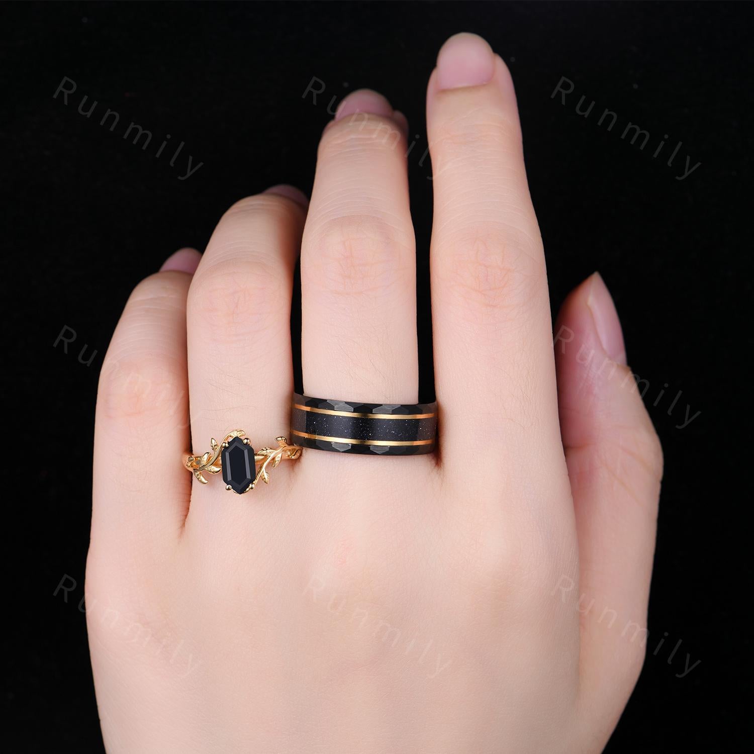 Hexagon cut Black Onyx Couples Ring Yellow Gold Matching Ring Set His and Hers Wedding Band Mens Galaxy Sandstone Ring Couples Promise Ring