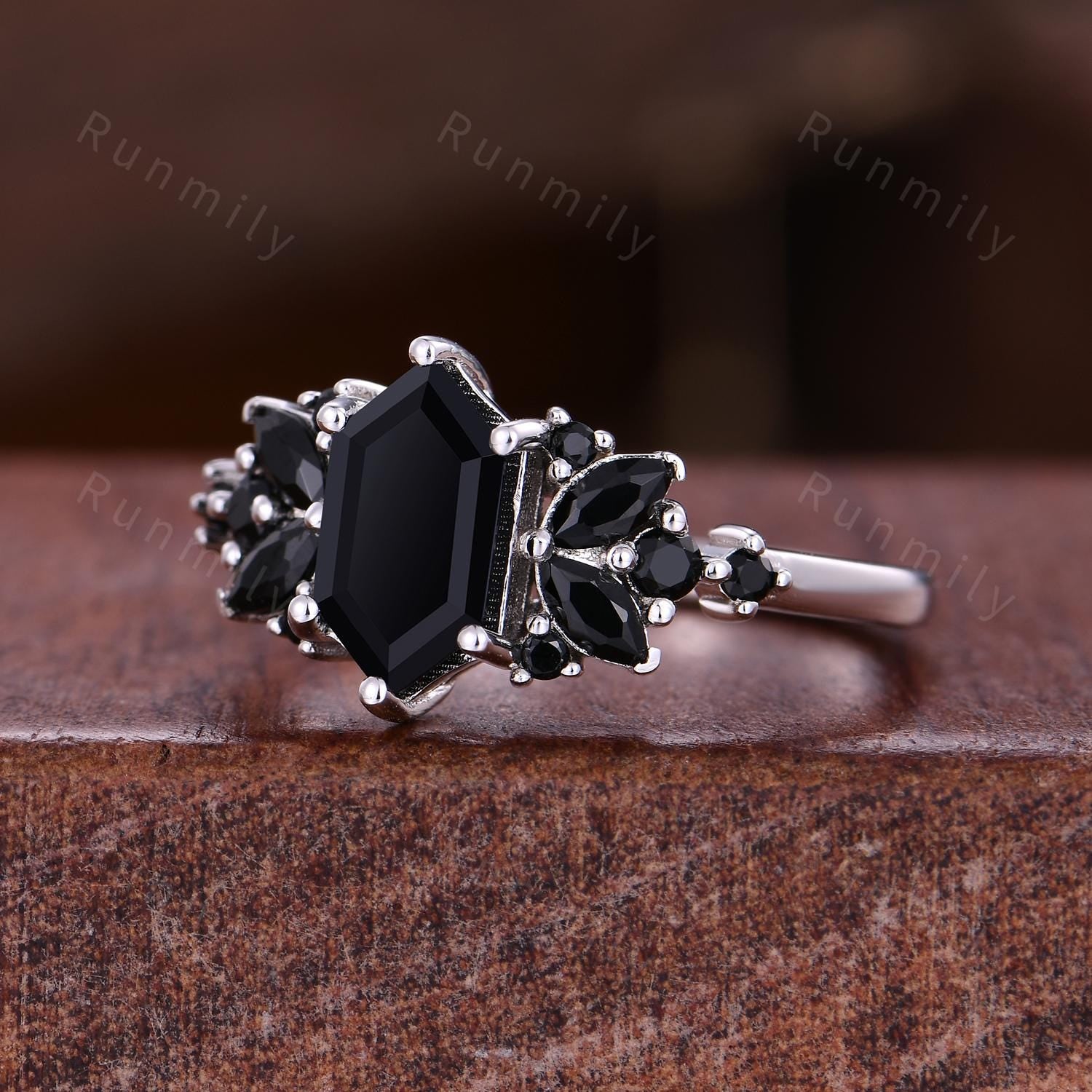 Hexagon cut Black Onyx Engagement Ring Unique Cluster Ring For Women Marquise Black Spinel Wedding Ring Vintage Black Gemstone Promise Ring