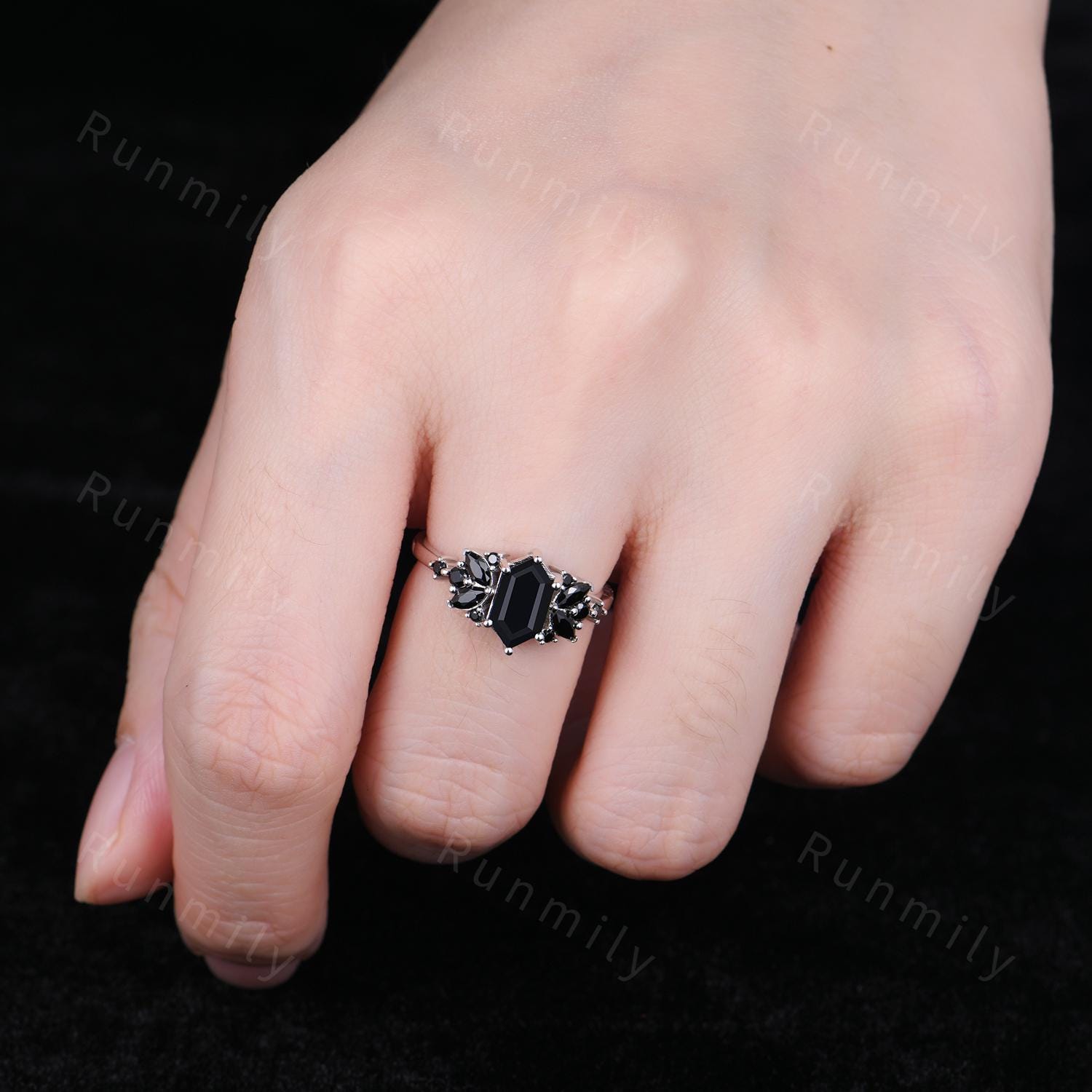 Hexagon cut Black Onyx Engagement Ring Unique Cluster Ring For Women Marquise Black Spinel Wedding Ring Vintage Black Gemstone Promise Ring