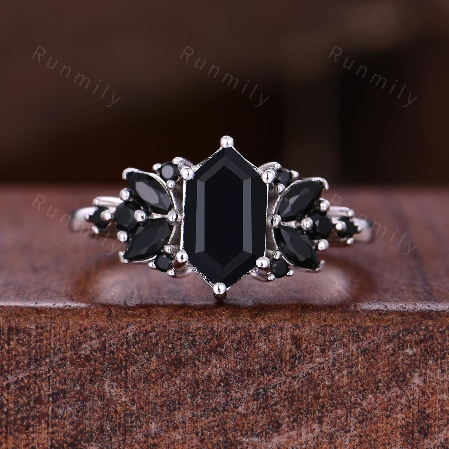 Hexagon cut Black Onyx Engagement Ring Unique Cluster Ring For Women Marquise Black Spinel Wedding Ring Vintage Black Gemstone Promise Ring
